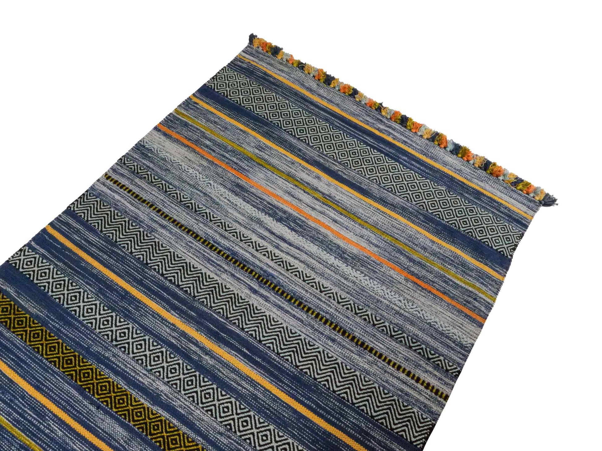 Handgewebter, moderner Indo Kelim Orientteppich von Khademi aus Baumwolle, blau, mehrfarbig. Geometrisches Design. Von Hand gewebt in Indien. Größe: 190x130cm. Teppichnummer: KB4-1676. Verkauf durch Jupiter Intl.