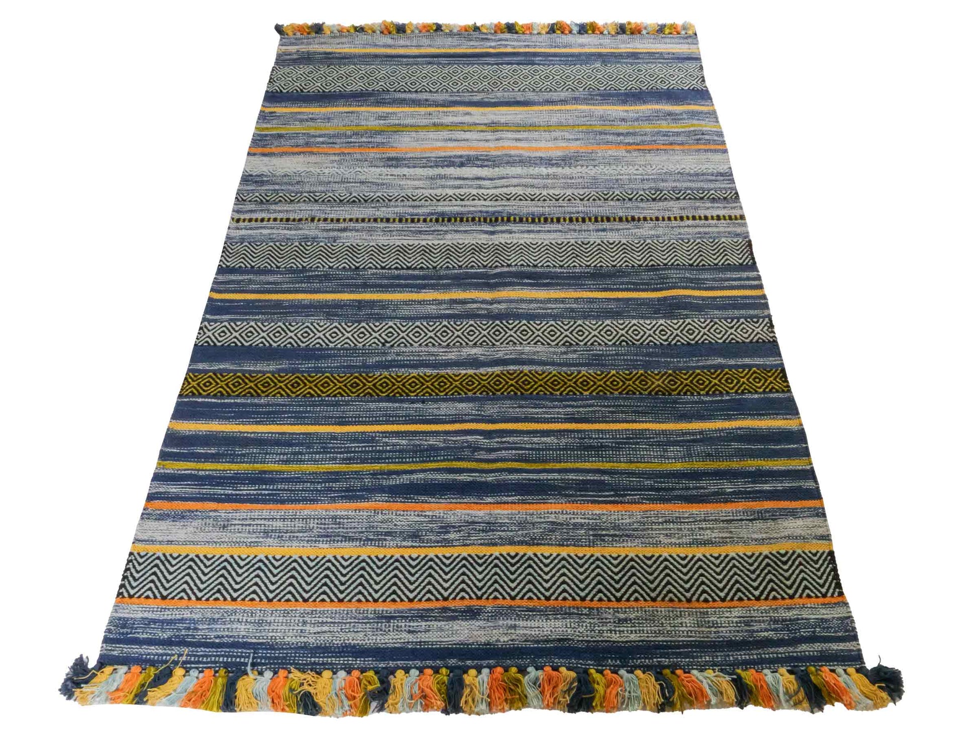 Handgewebter, moderner Indo Kelim Orientteppich von Khademi aus Baumwolle, blau, mehrfarbig. Geometrisches Design. Von Hand gewebt in Indien. Größe: 190x130cm. Teppichnummer: KB4-1676. Verkauf durch Jupiter Intl.
