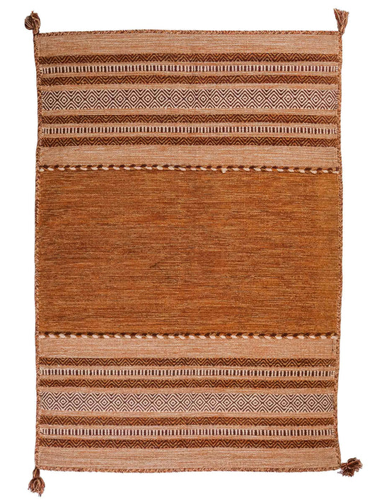 Handgewebter, moderner Indo Kelim Orientteppich von Khademi aus Baumwolle, braun. Geometrisches Design. Von Hand gewebt in Indien. Größe: 190x130cm. Teppichnummer: KB4-1669. Verkauf durch Jupiter Intl.