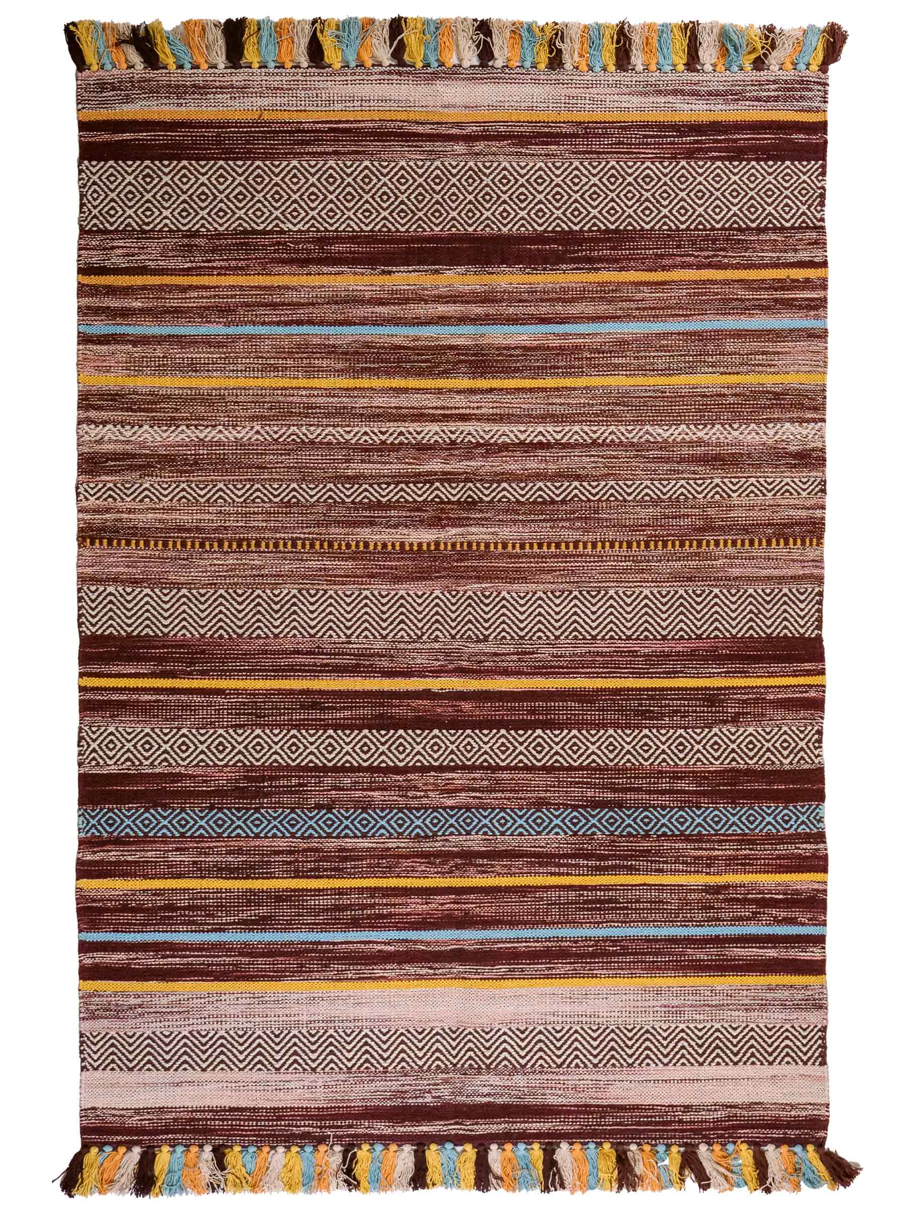 Handgewebter, moderner Indo Kelim Orientteppich von Khademi aus Baumwolle, dunkelrot, mehrfarbig. Geometrisches Design. Von Hand gewebt in Indien. Größe: 190x130cm. Teppichnummer: KB4-1674. Verkauf durch Jupiter Intl.