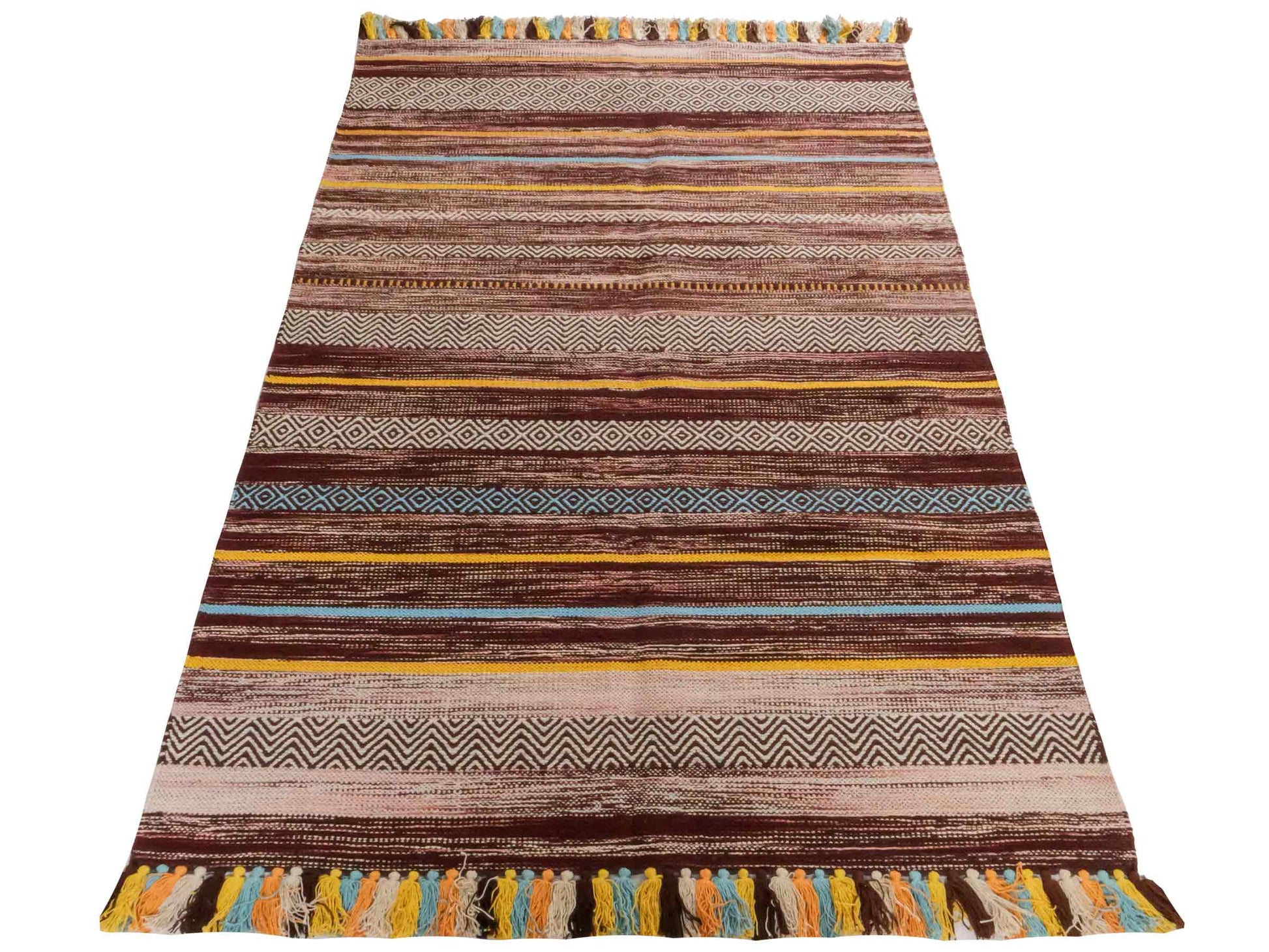 Handgewebter, moderner Indo Kelim Orientteppich von Khademi aus Baumwolle, dunkelrot, mehrfarbig. Geometrisches Design. Von Hand gewebt in Indien. Größe: 190x130cm. Teppichnummer: KB4-1674. Verkauf durch Jupiter Intl.