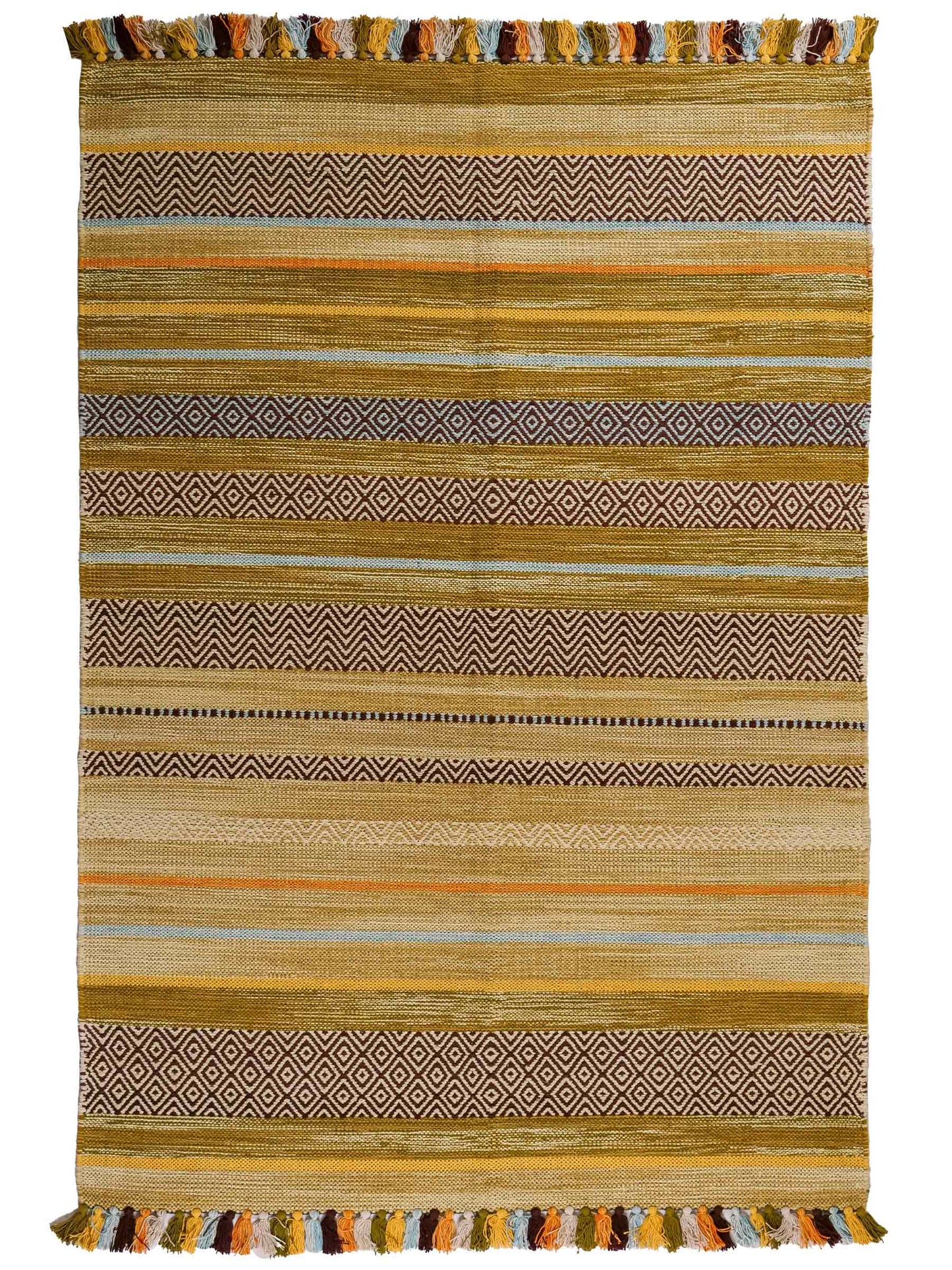 Handgewebter, moderner Indo Kelim Orientteppich von Khademi aus Baumwolle, grün, mehrfarbig. Geometrisches Design. Von Hand gewebt in Indien. Größe: 190x130cm. Teppichnummer: KB4-1671. Verkauf durch Jupiter Intl.