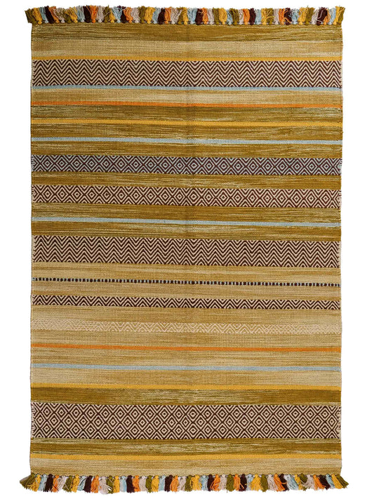 Handgewebter, moderner Indo Kelim Orientteppich von Khademi aus Baumwolle, grün, mehrfarbig. Geometrisches Design. Von Hand gewebt in Indien. Größe: 190x130cm. Teppichnummer: KB4-1671. Verkauf durch Jupiter Intl.