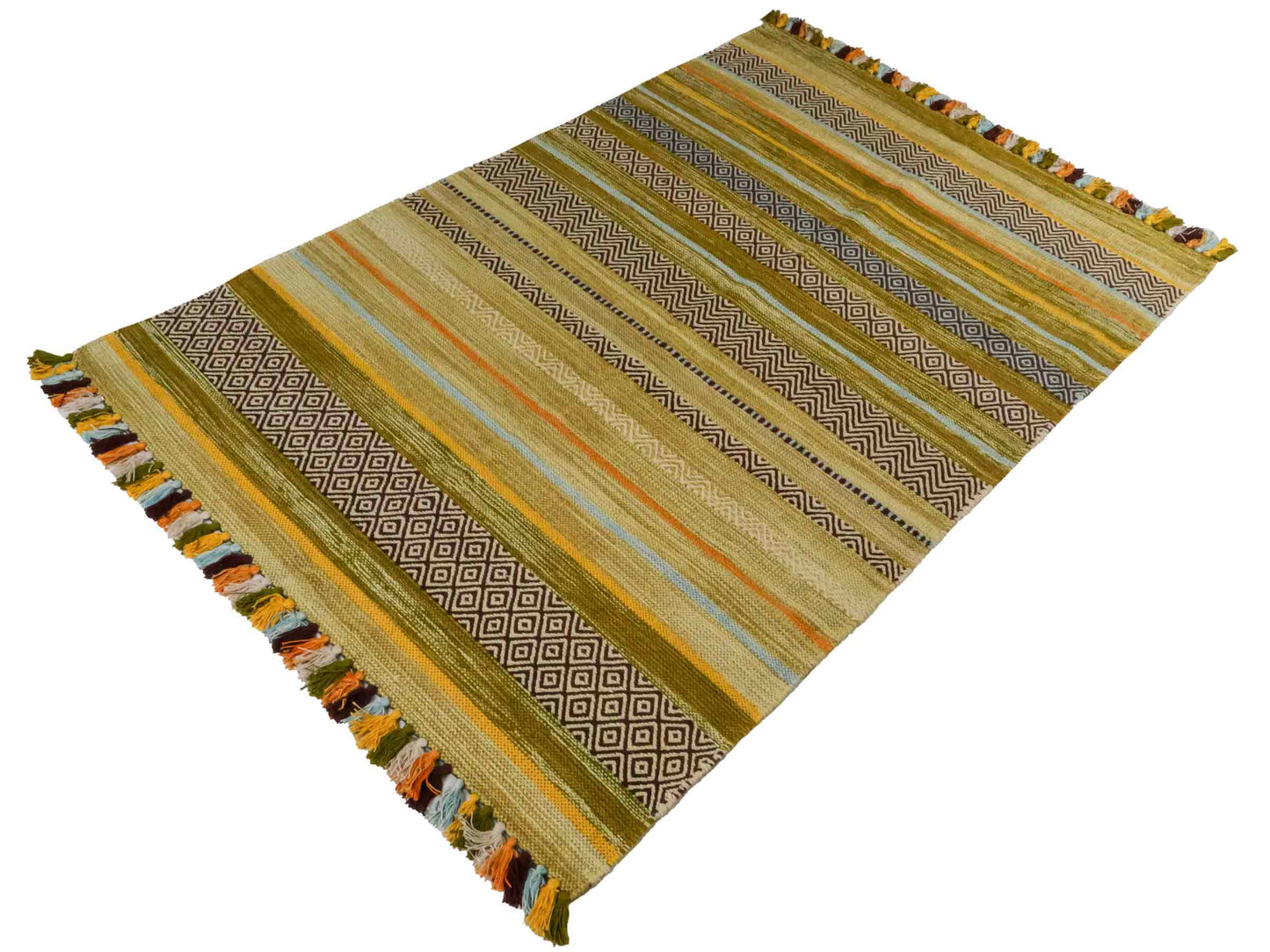 Handgewebter, moderner Indo Kelim Orientteppich von Khademi aus Baumwolle, grün, mehrfarbig. Geometrisches Design. Von Hand gewebt in Indien. Größe: 190x130cm. Teppichnummer: KB4-1671. Verkauf durch Jupiter Intl.