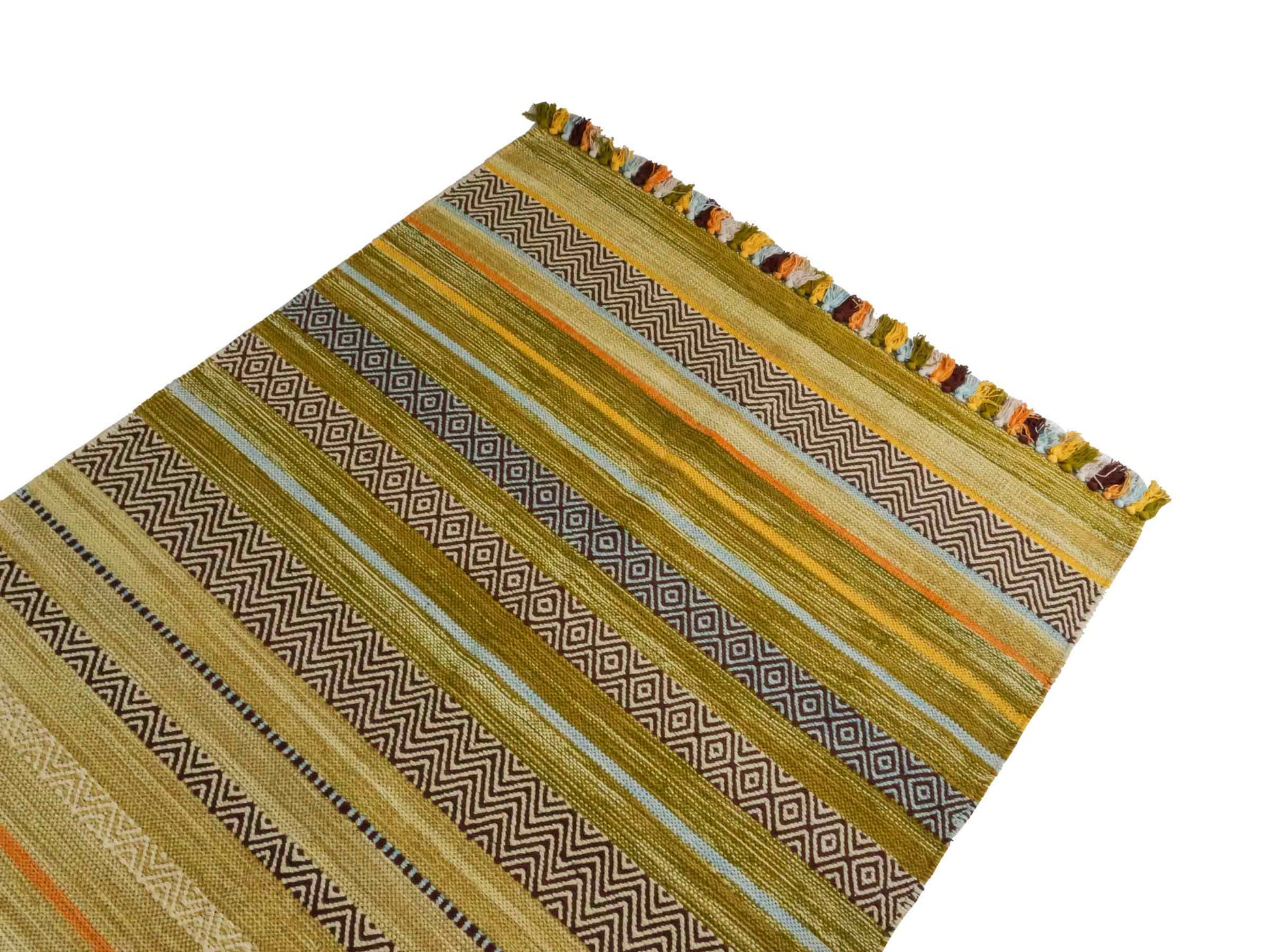 Handgewebter, moderner Indo Kelim Orientteppich von Khademi aus Baumwolle, grün, mehrfarbig. Geometrisches Design. Von Hand gewebt in Indien. Größe: 190x130cm. Teppichnummer: KB4-1671. Verkauf durch Jupiter Intl.