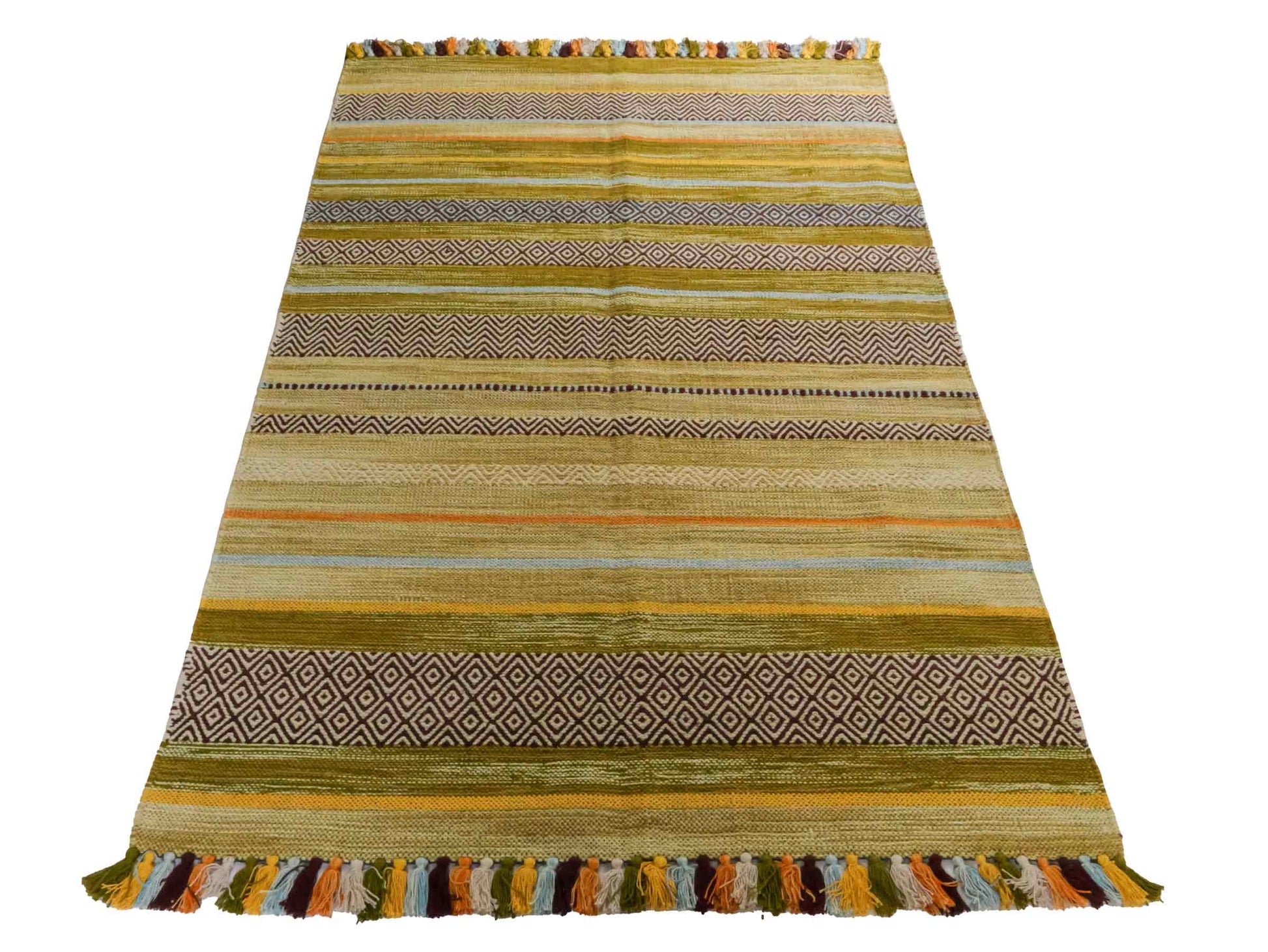 Handgewebter, moderner Indo Kelim Orientteppich von Khademi aus Baumwolle, grün, mehrfarbig. Geometrisches Design. Von Hand gewebt in Indien. Größe: 190x130cm. Teppichnummer: KB4-1671. Verkauf durch Jupiter Intl.