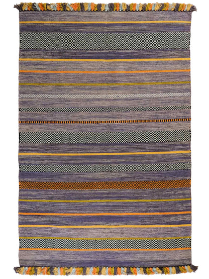 Handgewebter, moderner Indo Kelim Orientteppich von Khademi aus Baumwolle, navy, mehrfarbig. Geometrisches Design. Von Hand gewebt in Indien. Größe: 190x130cm. Teppichnummer: KB4-1672. Verkauf durch Jupiter Intl.