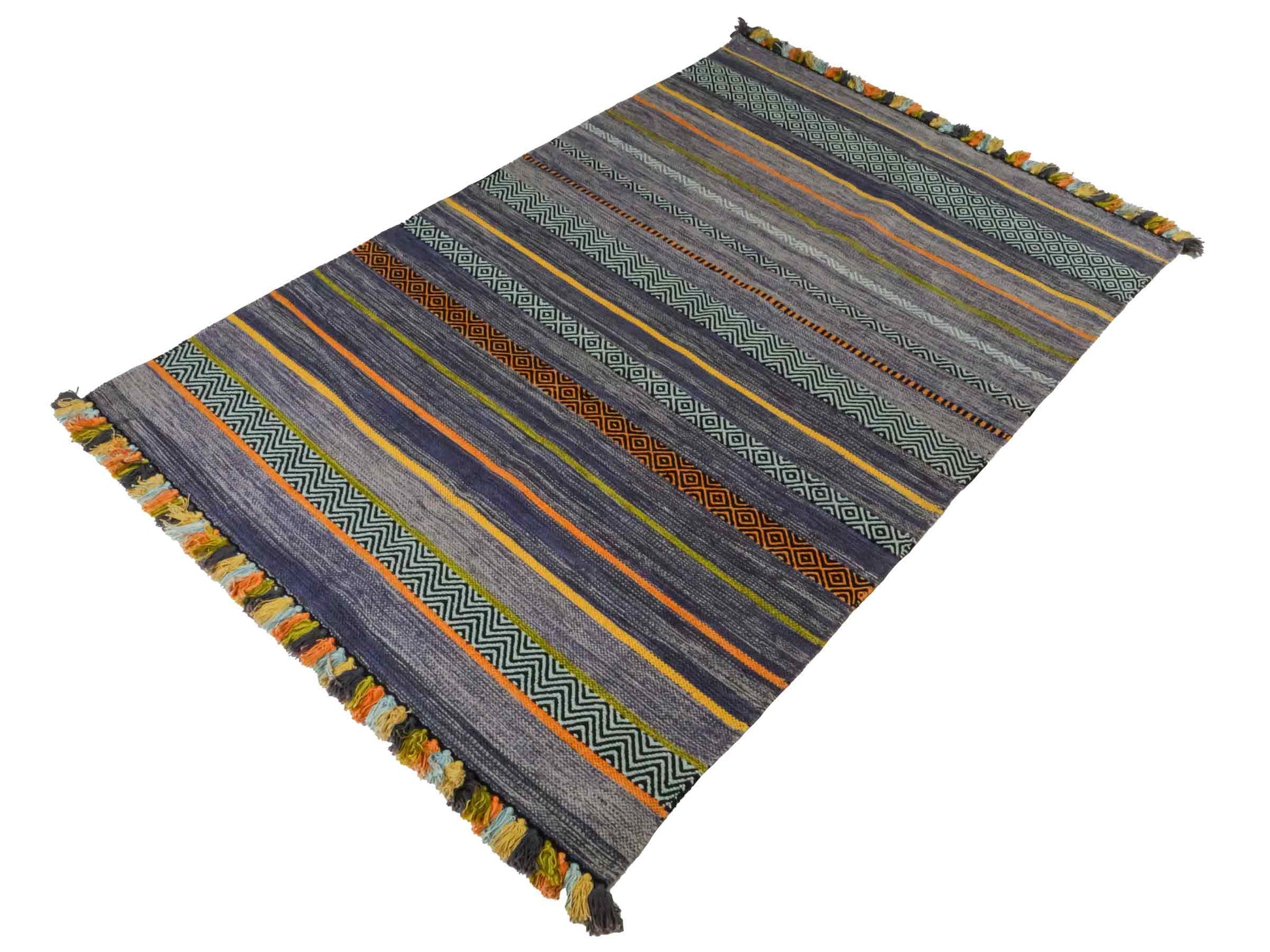 Handgewebter, moderner Indo Kelim Orientteppich von Khademi aus Baumwolle, navy, mehrfarbig. Geometrisches Design. Von Hand gewebt in Indien. Größe: 190x130cm. Teppichnummer: KB4-1672. Verkauf durch Jupiter Intl.