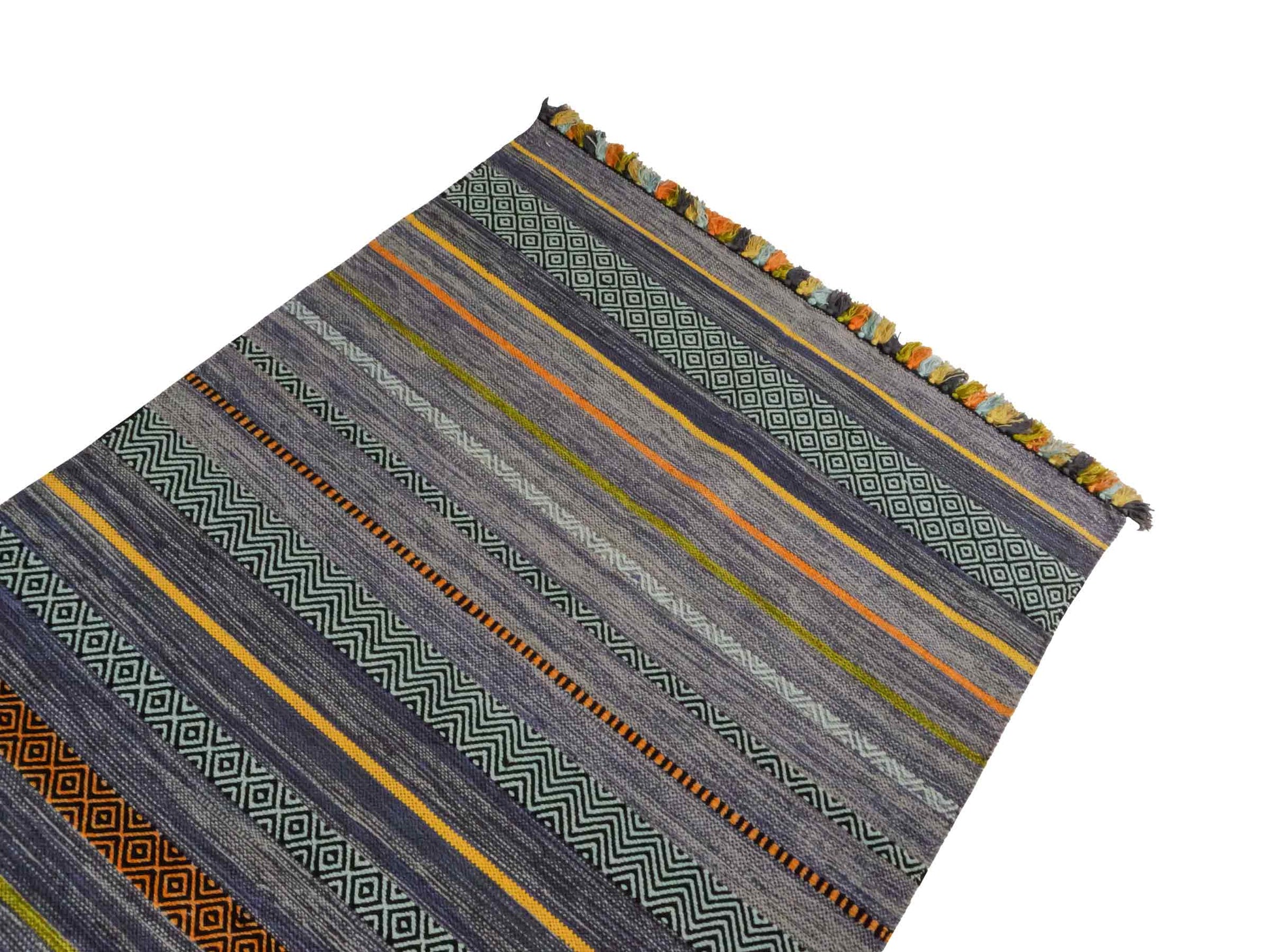 Handgewebter, moderner Indo Kelim Orientteppich von Khademi aus Baumwolle, navy, mehrfarbig. Geometrisches Design. Von Hand gewebt in Indien. Größe: 190x130cm. Teppichnummer: KB4-1672. Verkauf durch Jupiter Intl.