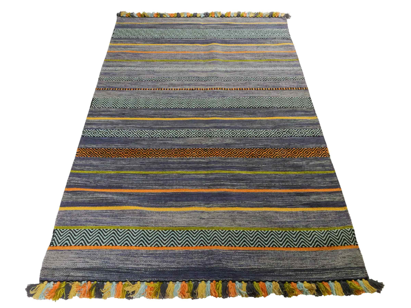 Handgewebter, moderner Indo Kelim Orientteppich von Khademi aus Baumwolle, navy, mehrfarbig. Geometrisches Design. Von Hand gewebt in Indien. Größe: 190x130cm. Teppichnummer: KB4-1672. Verkauf durch Jupiter Intl.