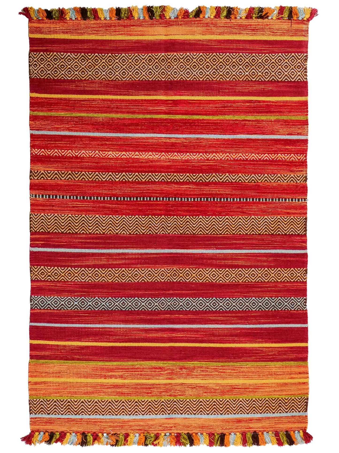Handgewebter, moderner Indo Kelim Orientteppich von Khademi aus Baumwolle, rot, mehrfarbig. Geometrisches Design. Von Hand gewebt in Indien. Größe: 190x130cm. Teppichnummer: KB4-1673. Verkauf durch Jupiter Intl.