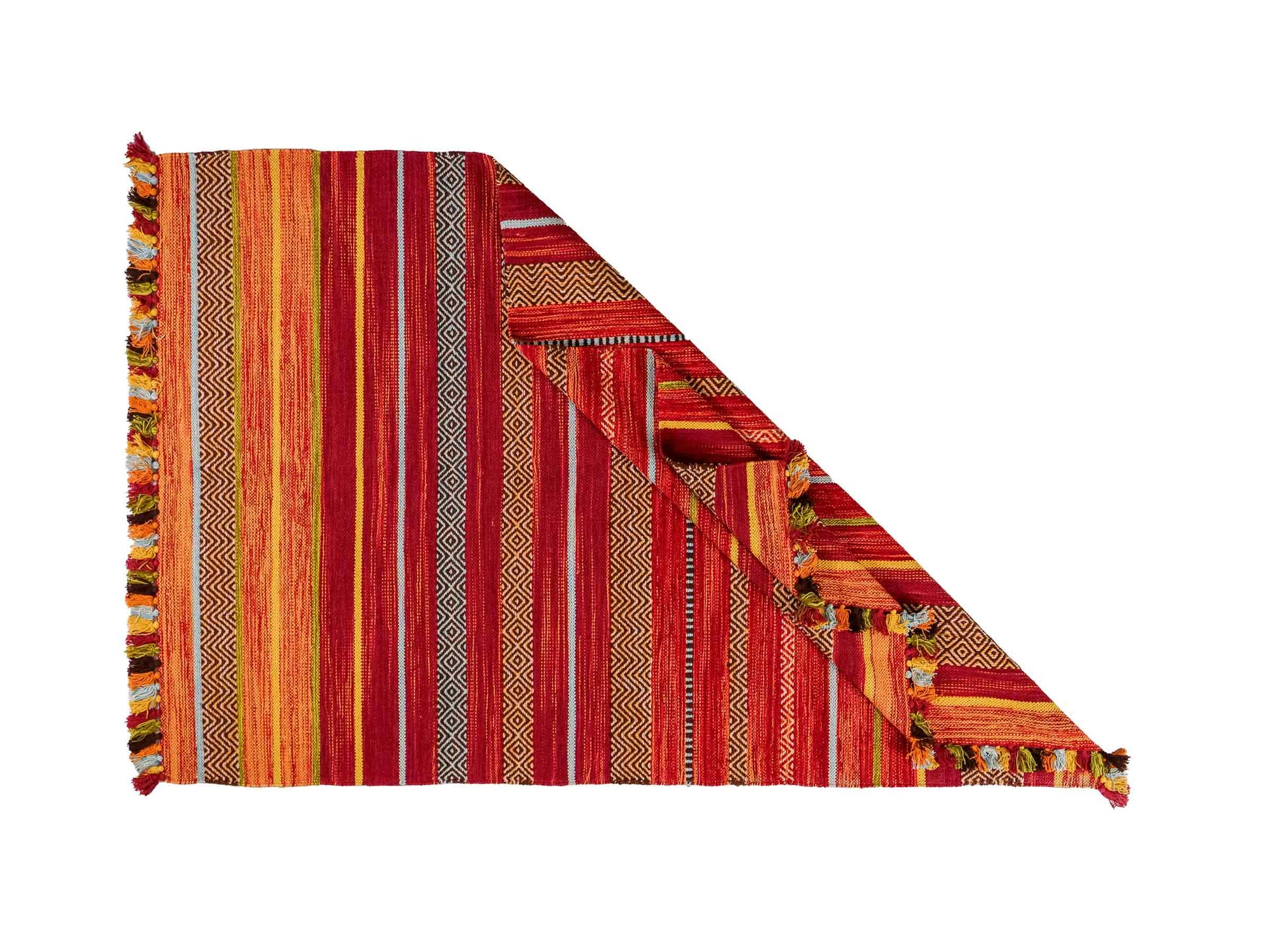 Handgewebter, moderner Indo Kelim Orientteppich von Khademi aus Baumwolle, rot, mehrfarbig. Geometrisches Design. Von Hand gewebt in Indien. Größe: 190x130cm. Teppichnummer: KB4-1673. Verkauf durch Jupiter Intl.