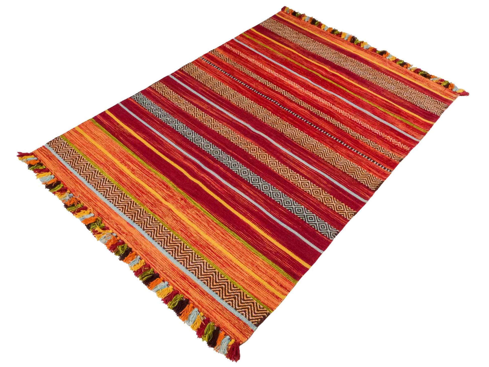 Handgewebter, moderner Indo Kelim Orientteppich von Khademi aus Baumwolle, rot, mehrfarbig. Geometrisches Design. Von Hand gewebt in Indien. Größe: 190x130cm. Teppichnummer: KB4-1673. Verkauf durch Jupiter Intl.