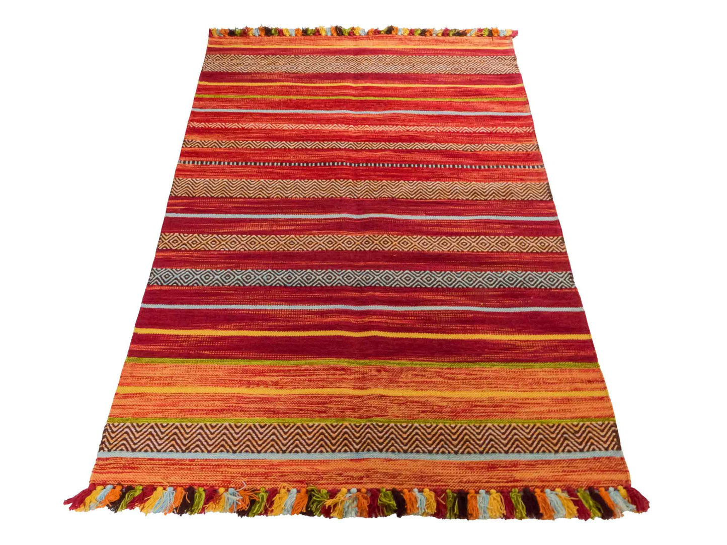 Handgewebter, moderner Indo Kelim Orientteppich von Khademi aus Baumwolle, rot, mehrfarbig. Geometrisches Design. Von Hand gewebt in Indien. Größe: 190x130cm. Teppichnummer: KB4-1673. Verkauf durch Jupiter Intl.