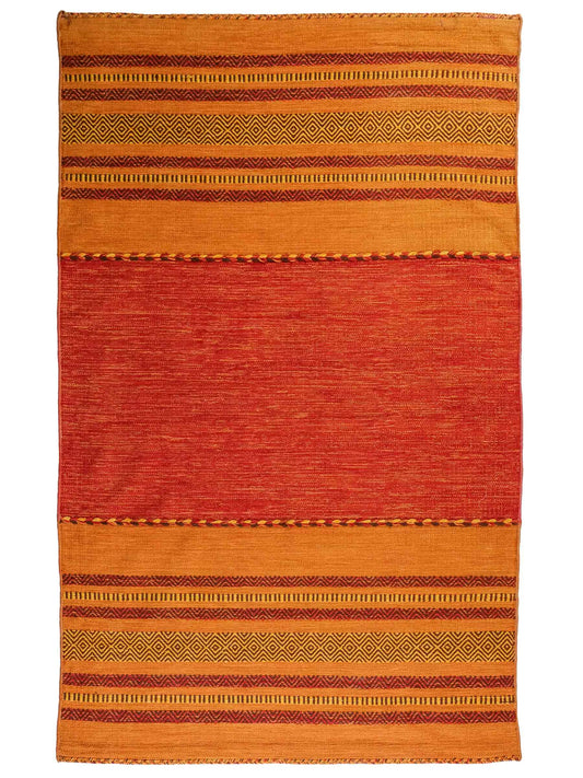Handgewebter, moderner Indo Kelim Orientteppich von Khademi aus Baumwolle, orange. Geometrisches Design. Von Hand gewebt in Indien. Größe: 230x140cm. Teppichnummer: KB4-1677. Verkauf durch Jupiter Intl.