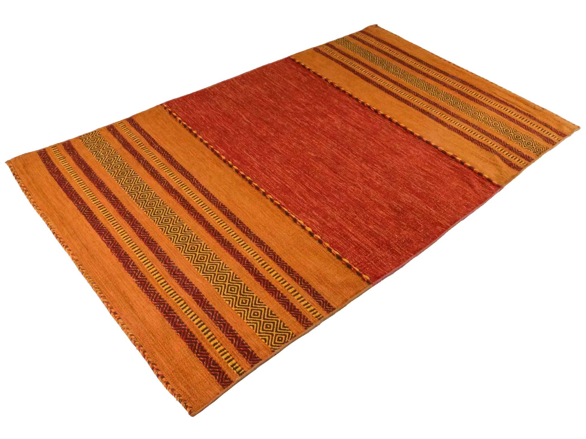 Handgewebter, moderner Indo Kelim Orientteppich von Khademi aus Baumwolle, orange. Geometrisches Design. Von Hand gewebt in Indien. Größe: 230x140cm. Teppichnummer: KB4-1677. Verkauf durch Jupiter Intl.