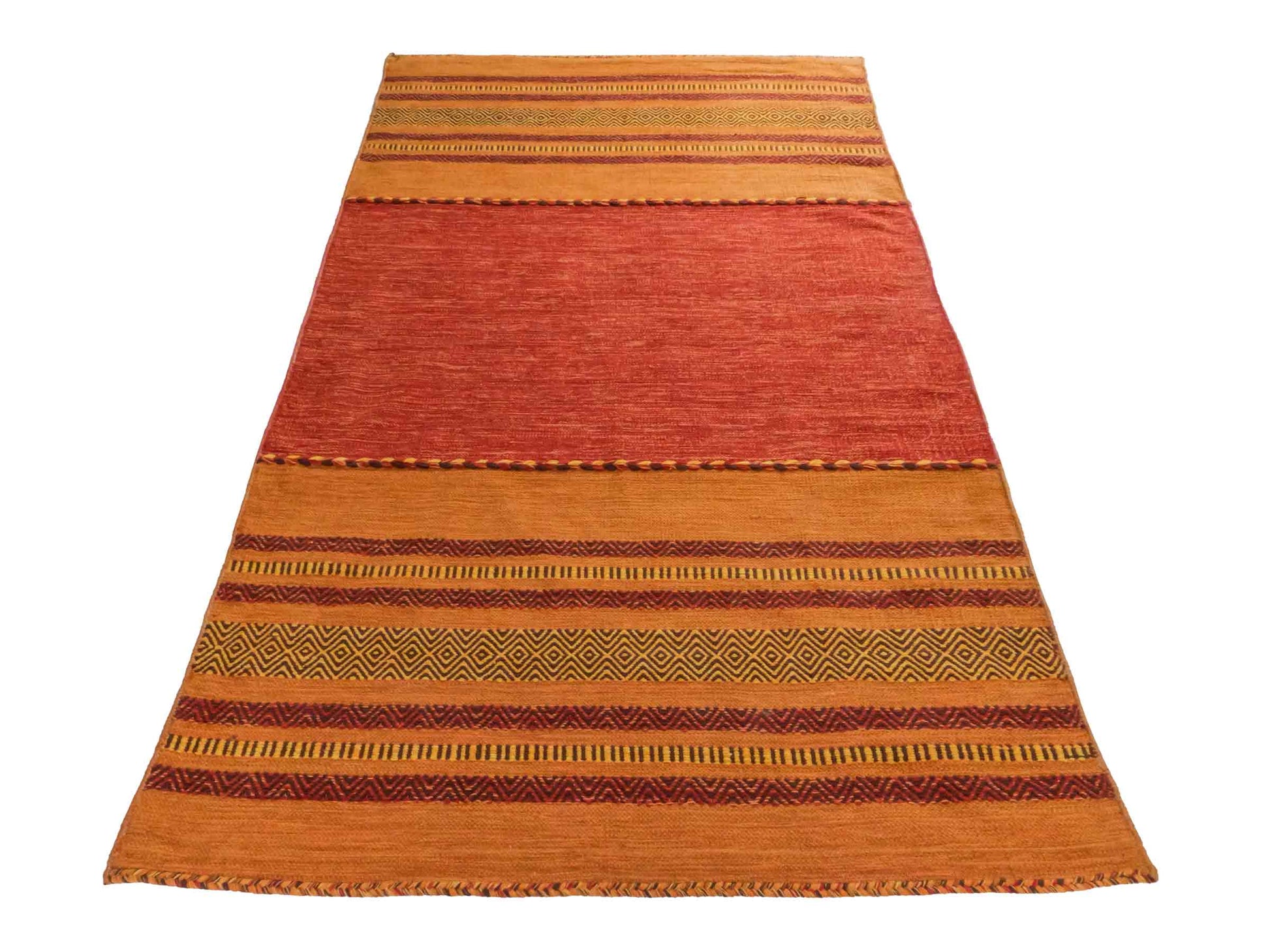 Handgewebter, moderner Indo Kelim Orientteppich von Khademi aus Baumwolle, orange. Geometrisches Design. Von Hand gewebt in Indien. Größe: 230x140cm. Teppichnummer: KB4-1677. Verkauf durch Jupiter Intl.