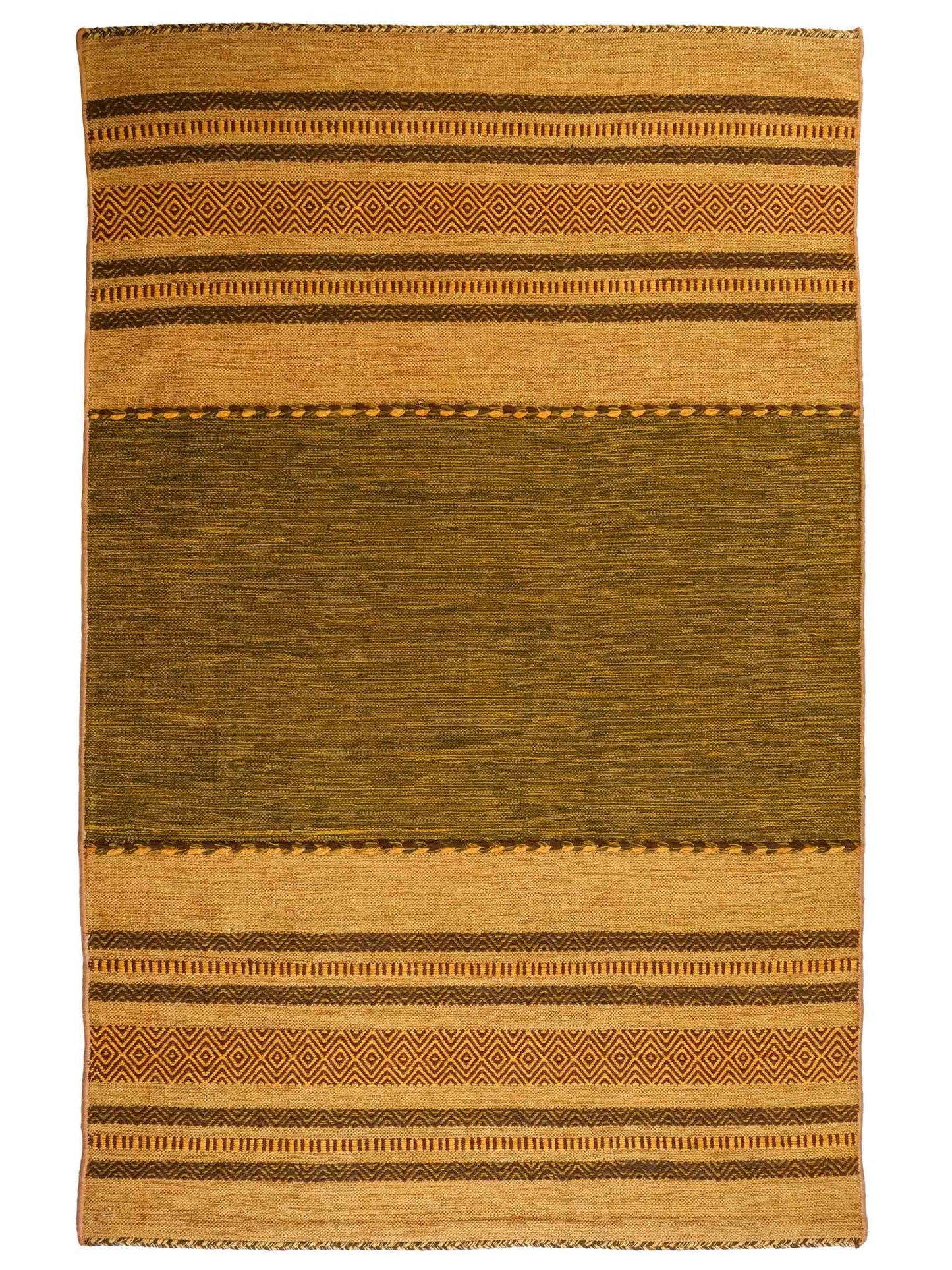 Handgewebter, moderner Indo Kelim Orientteppich von Khademi aus Baumwolle, grün-gelb. Geometrisches Design. Von Hand gewebt in Indien. Größe: 230x150cm. Teppichnummer: KB4-1678. Verkauf durch Jupiter Intl.