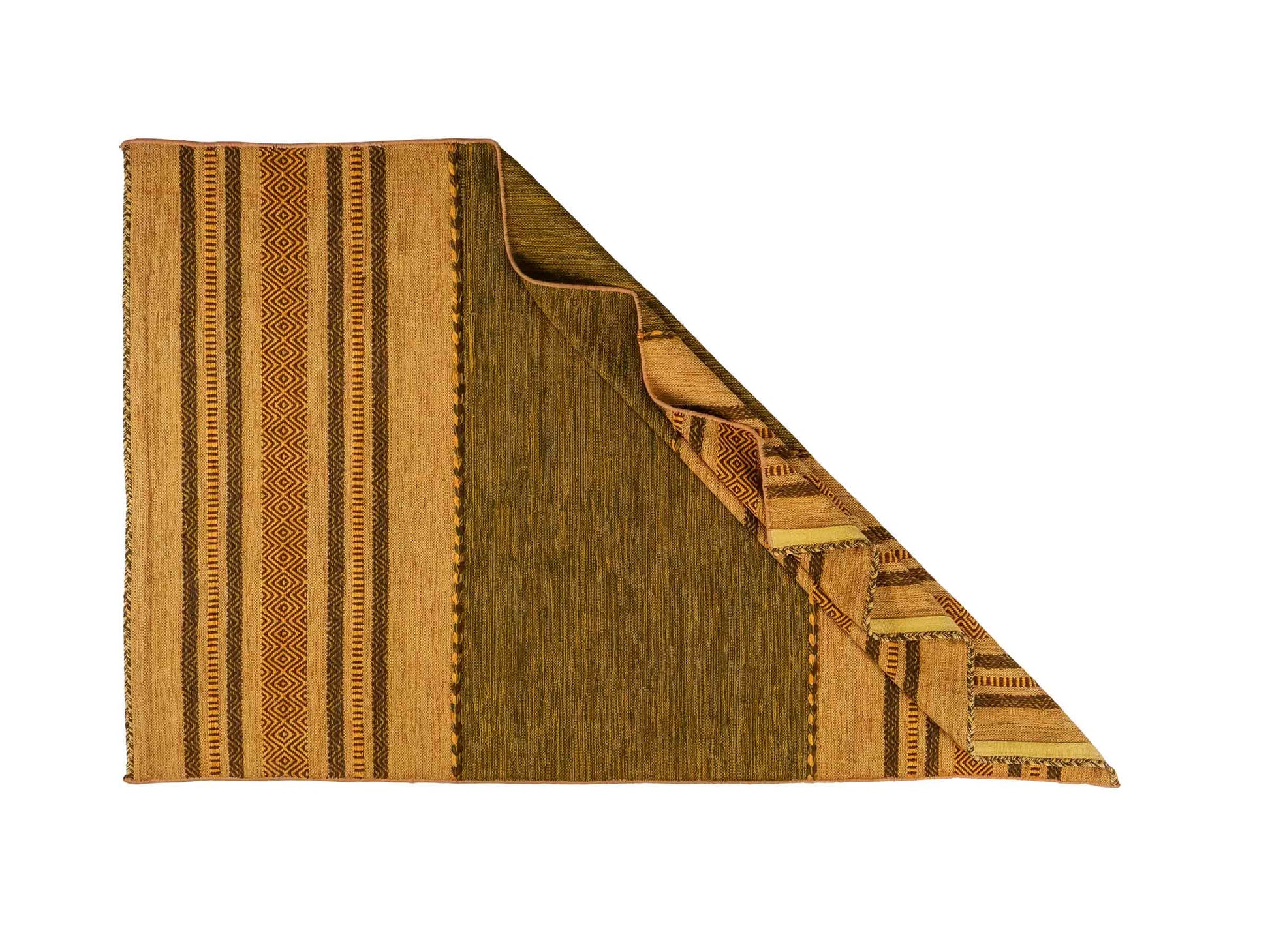 Handgewebter, moderner Indo Kelim Orientteppich von Khademi aus Baumwolle, grün-gelb. Geometrisches Design. Von Hand gewebt in Indien. Größe: 230x150cm. Teppichnummer: KB4-1678. Verkauf durch Jupiter Intl.