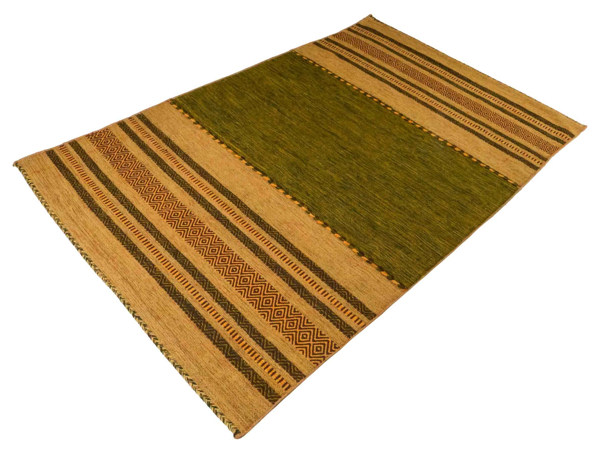 Handgewebter, moderner Indo Kelim Orientteppich von Khademi aus Baumwolle, grün-gelb. Geometrisches Design. Von Hand gewebt in Indien. Größe: 230x150cm. Teppichnummer: KB4-1678. Verkauf durch Jupiter Intl.