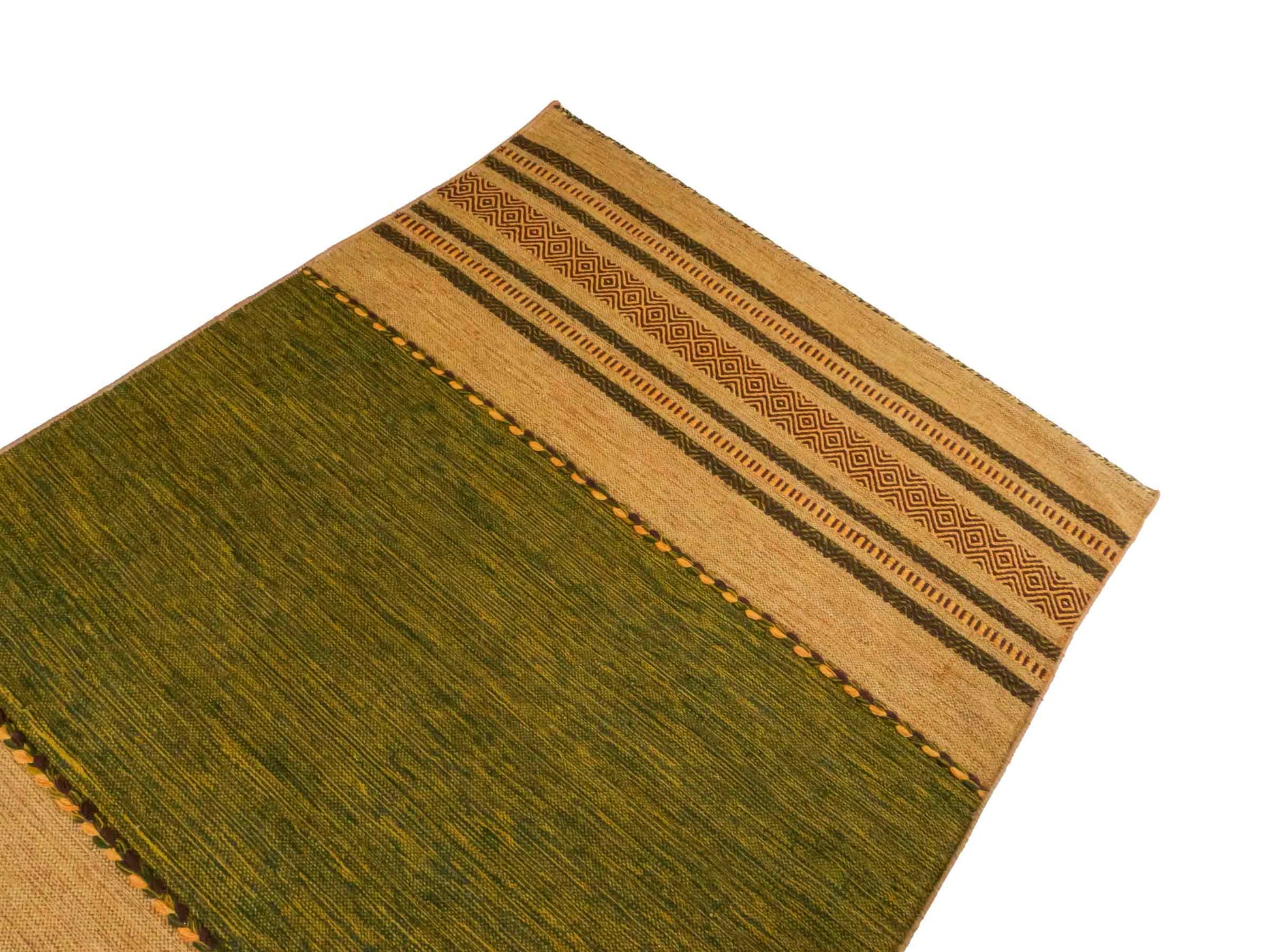 Handgewebter, moderner Indo Kelim Orientteppich von Khademi aus Baumwolle, grün-gelb. Geometrisches Design. Von Hand gewebt in Indien. Größe: 230x150cm. Teppichnummer: KB4-1678. Verkauf durch Jupiter Intl.