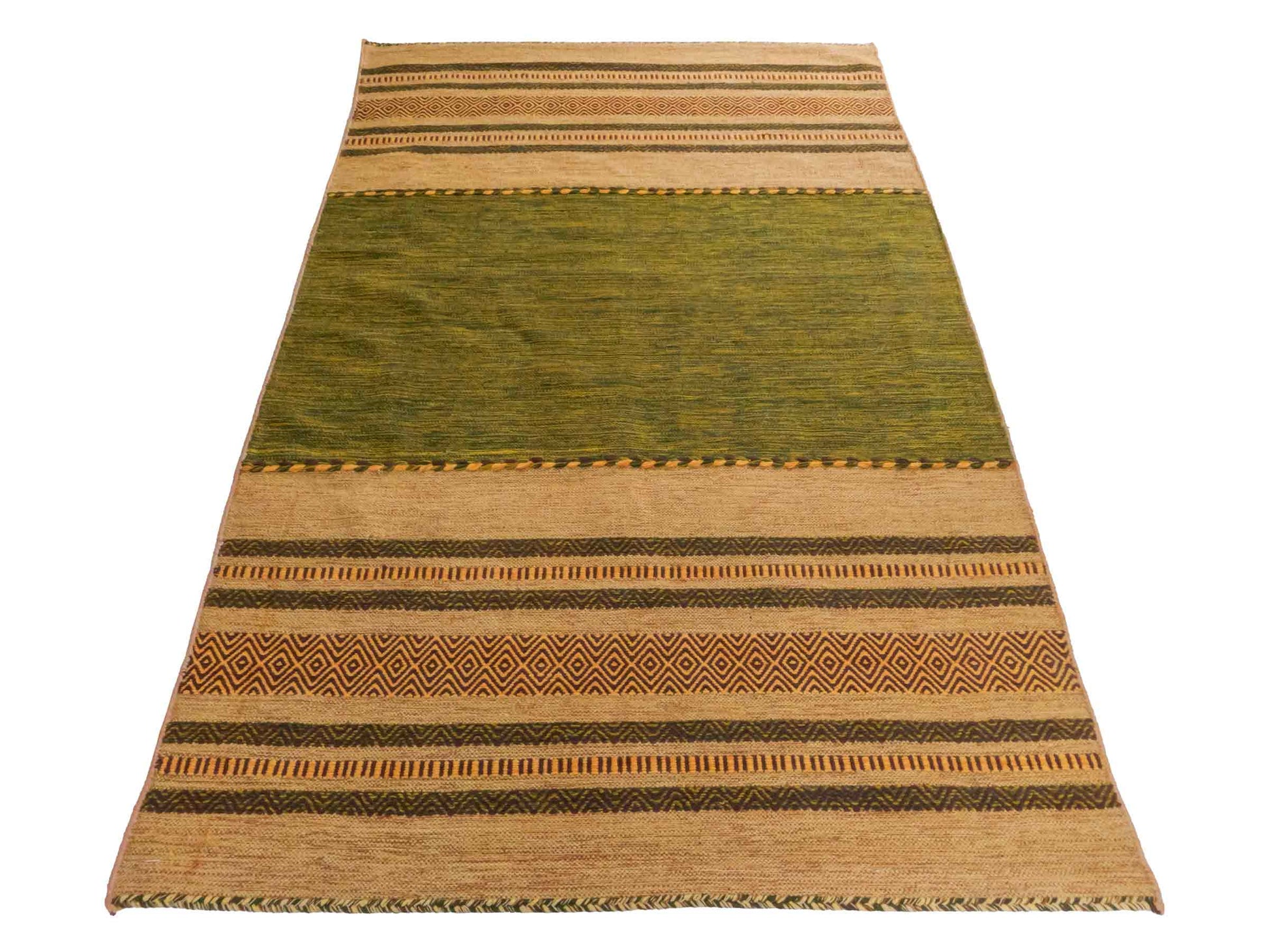 Handgewebter, moderner Indo Kelim Orientteppich von Khademi aus Baumwolle, grün-gelb. Geometrisches Design. Von Hand gewebt in Indien. Größe: 230x150cm. Teppichnummer: KB4-1678. Verkauf durch Jupiter Intl.