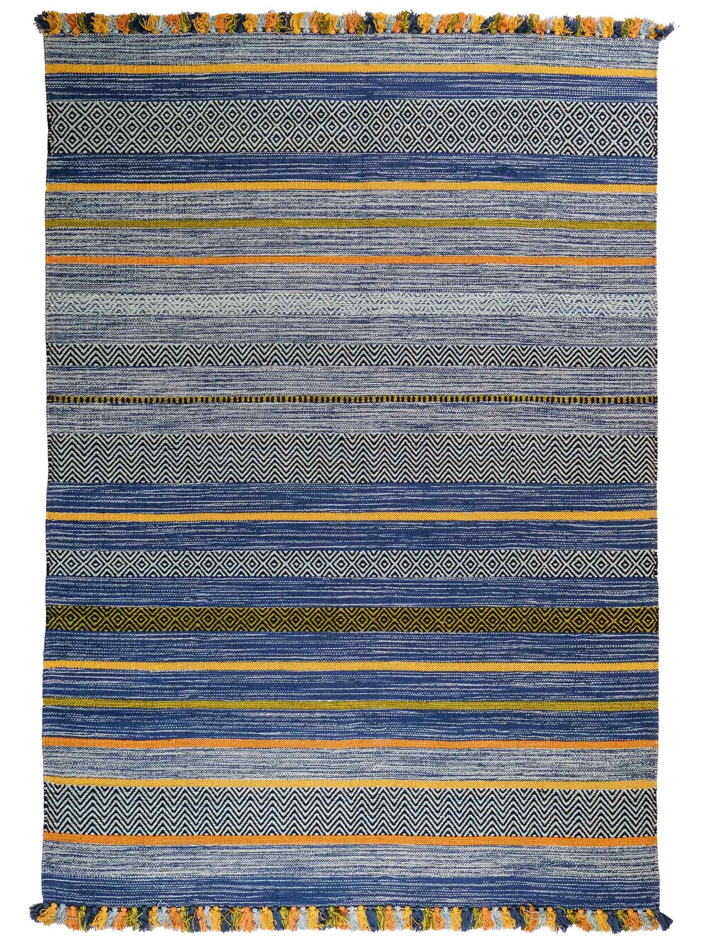 Handgewebter, moderner Indo Kelim Orientteppich von Khademi aus Baumwolle, blau, mehrfarbig. Geometrisches Design. Von Hand gewebt in Indien. Größe: 230x170cm. Teppichnummer: KB4-1680. Verkauf durch Jupiter Intl.
