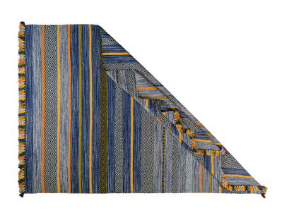 Handgewebter, moderner Indo Kelim Orientteppich von Khademi aus Baumwolle, blau, mehrfarbig. Geometrisches Design. Von Hand gewebt in Indien. Größe: 230x170cm. Teppichnummer: KB4-1680. Verkauf durch Jupiter Intl.