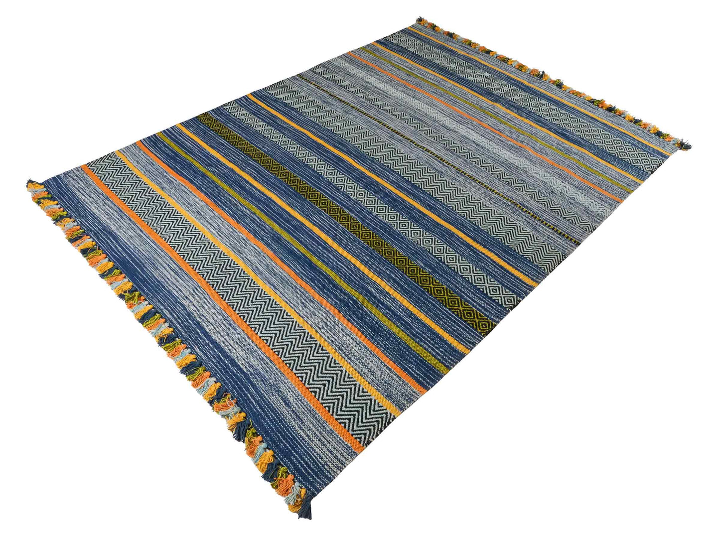 Handgewebter, moderner Indo Kelim Orientteppich von Khademi aus Baumwolle, blau, mehrfarbig. Geometrisches Design. Von Hand gewebt in Indien. Größe: 230x170cm. Teppichnummer: KB4-1680. Verkauf durch Jupiter Intl.