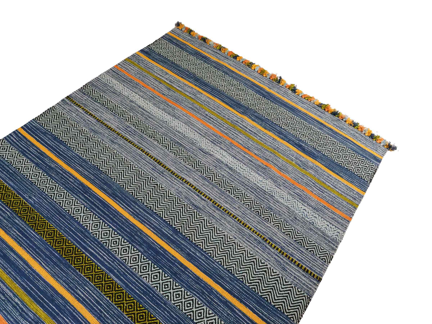 Handgewebter, moderner Indo Kelim Orientteppich von Khademi aus Baumwolle, blau, mehrfarbig. Geometrisches Design. Von Hand gewebt in Indien. Größe: 230x170cm. Teppichnummer: KB4-1680. Verkauf durch Jupiter Intl.