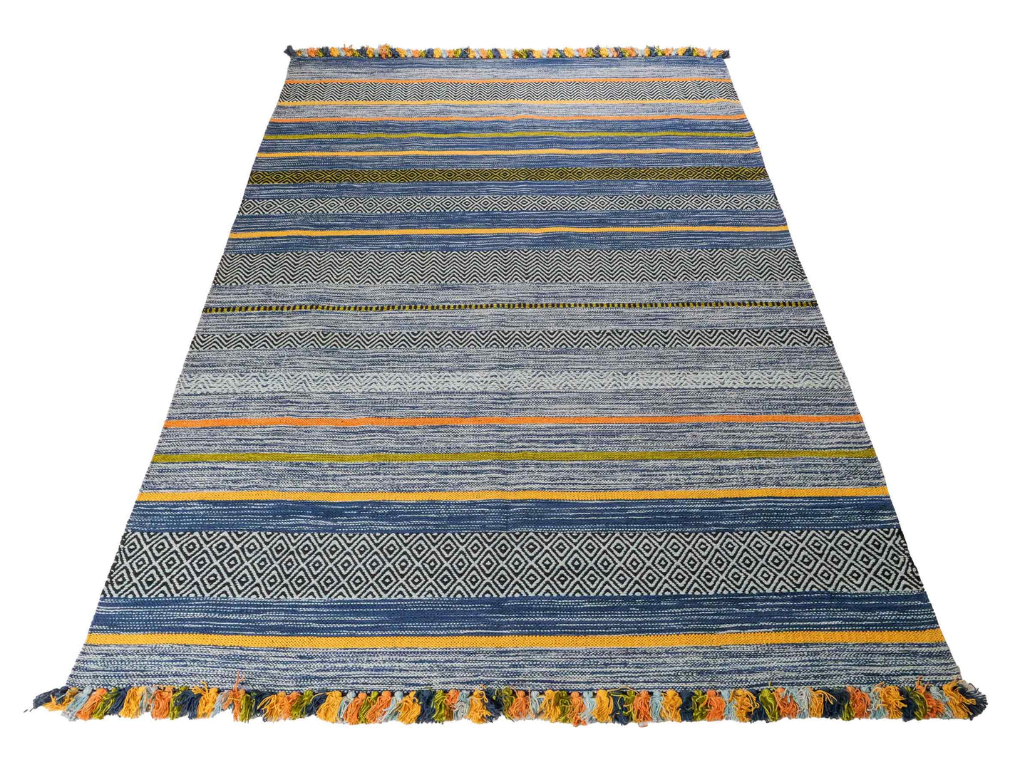 Handgewebter, moderner Indo Kelim Orientteppich von Khademi aus Baumwolle, blau, mehrfarbig. Geometrisches Design. Von Hand gewebt in Indien. Größe: 230x170cm. Teppichnummer: KB4-1680. Verkauf durch Jupiter Intl.