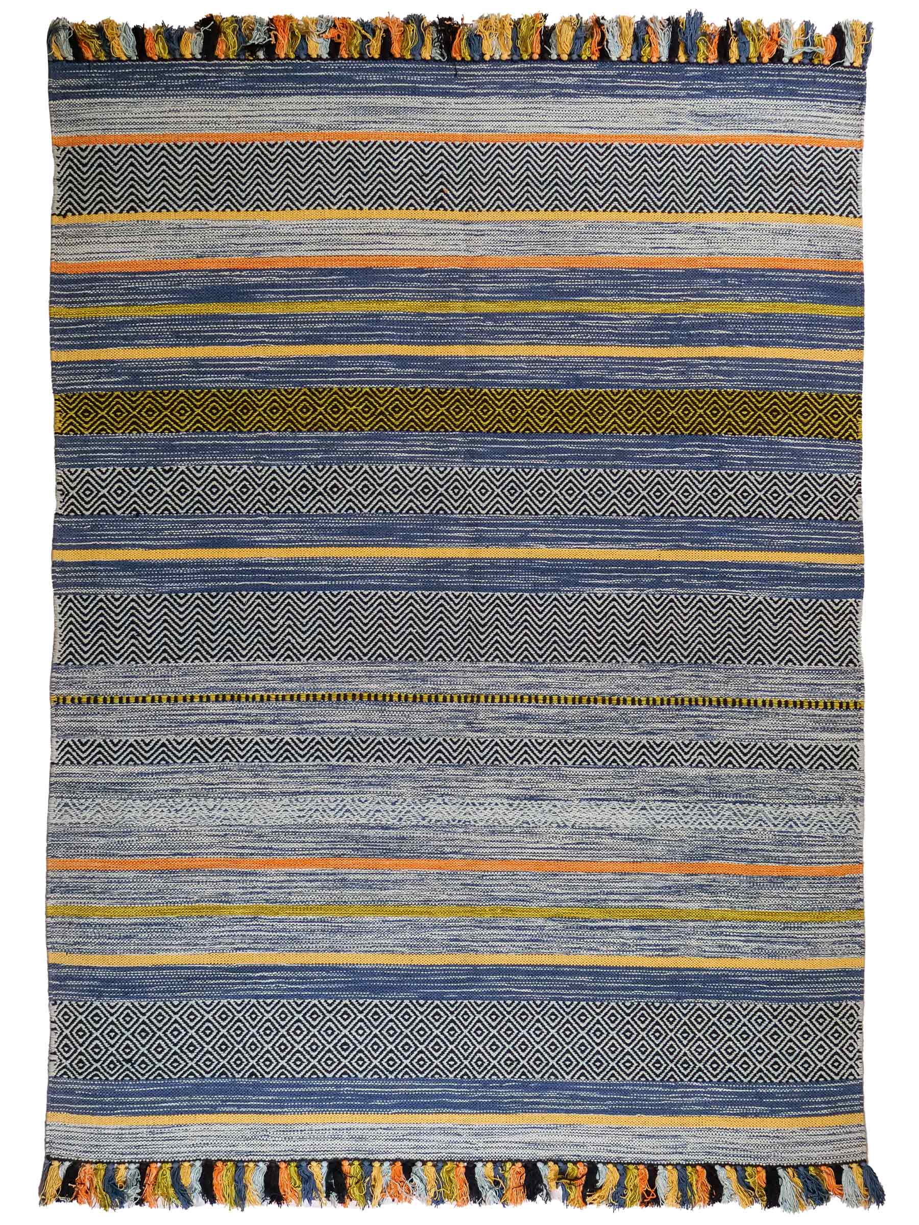 Handgewebter, moderner Indo Kelim Orientteppich von Khademi aus Baumwolle, blau, mehrfarbig. Geometrisches Design. Von Hand gewebt in Indien. Größe: 230x170cm. Teppichnummer: KB4-1681. Verkauf durch Jupiter Intl.