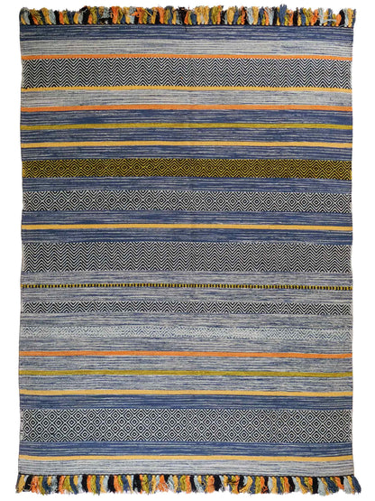 Handgewebter, moderner Indo Kelim Orientteppich von Khademi aus Baumwolle, blau, mehrfarbig. Geometrisches Design. Von Hand gewebt in Indien. Größe: 230x170cm. Teppichnummer: KB4-1681. Verkauf durch Jupiter Intl.