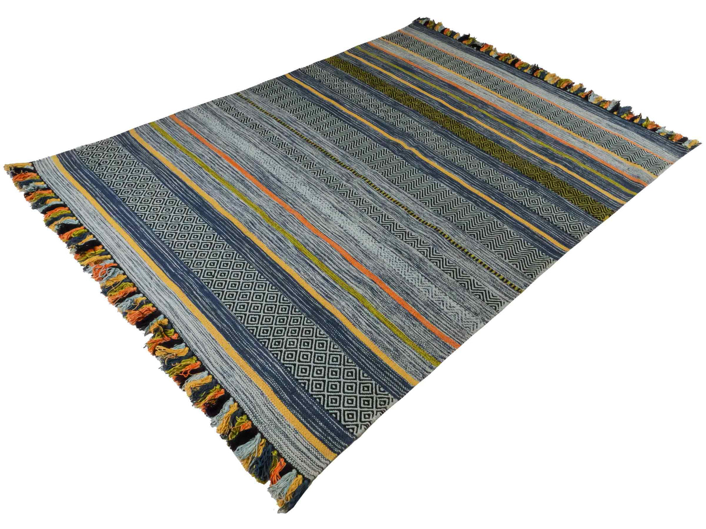 Handgewebter, moderner Indo Kelim Orientteppich von Khademi aus Baumwolle, blau, mehrfarbig. Geometrisches Design. Von Hand gewebt in Indien. Größe: 230x170cm. Teppichnummer: KB4-1681. Verkauf durch Jupiter Intl.