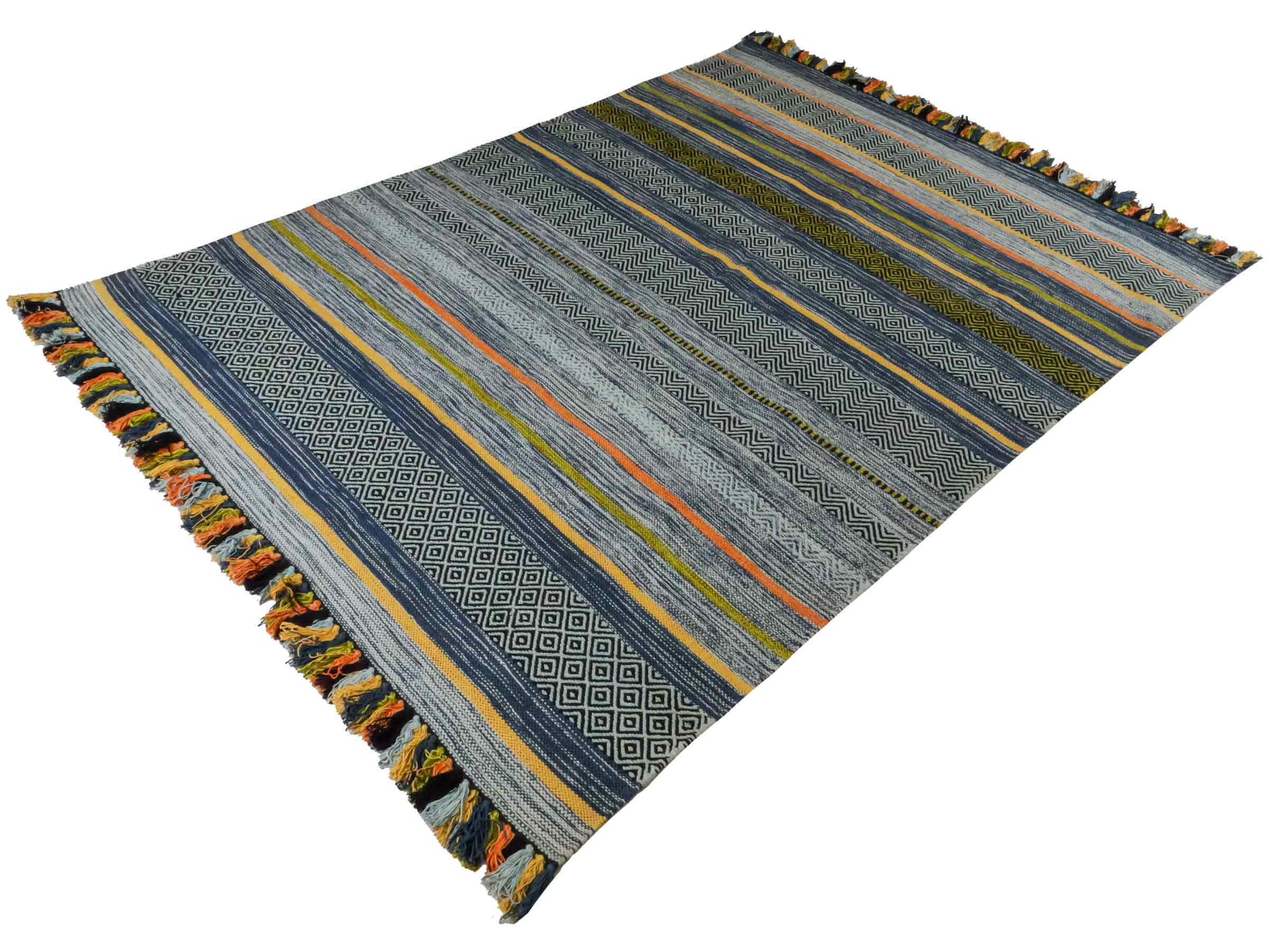 Handgewebter, moderner Indo Kelim Orientteppich von Khademi aus Baumwolle, blau, mehrfarbig. Geometrisches Design. Von Hand gewebt in Indien. Größe: 230x170cm. Teppichnummer: KB4-1681. Verkauf durch Jupiter Intl.