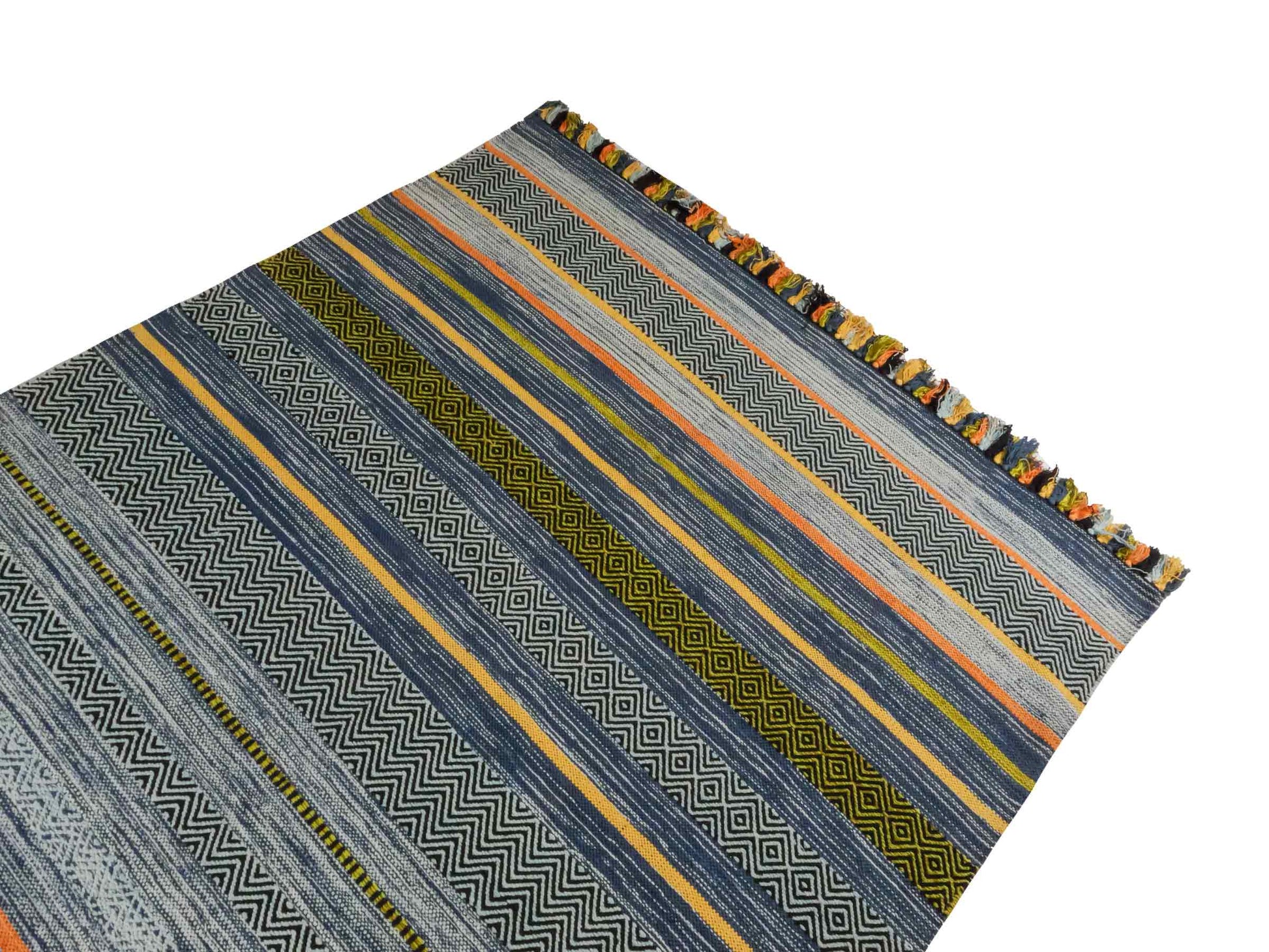 Handgewebter, moderner Indo Kelim Orientteppich von Khademi aus Baumwolle, blau, mehrfarbig. Geometrisches Design. Von Hand gewebt in Indien. Größe: 230x170cm. Teppichnummer: KB4-1681. Verkauf durch Jupiter Intl.