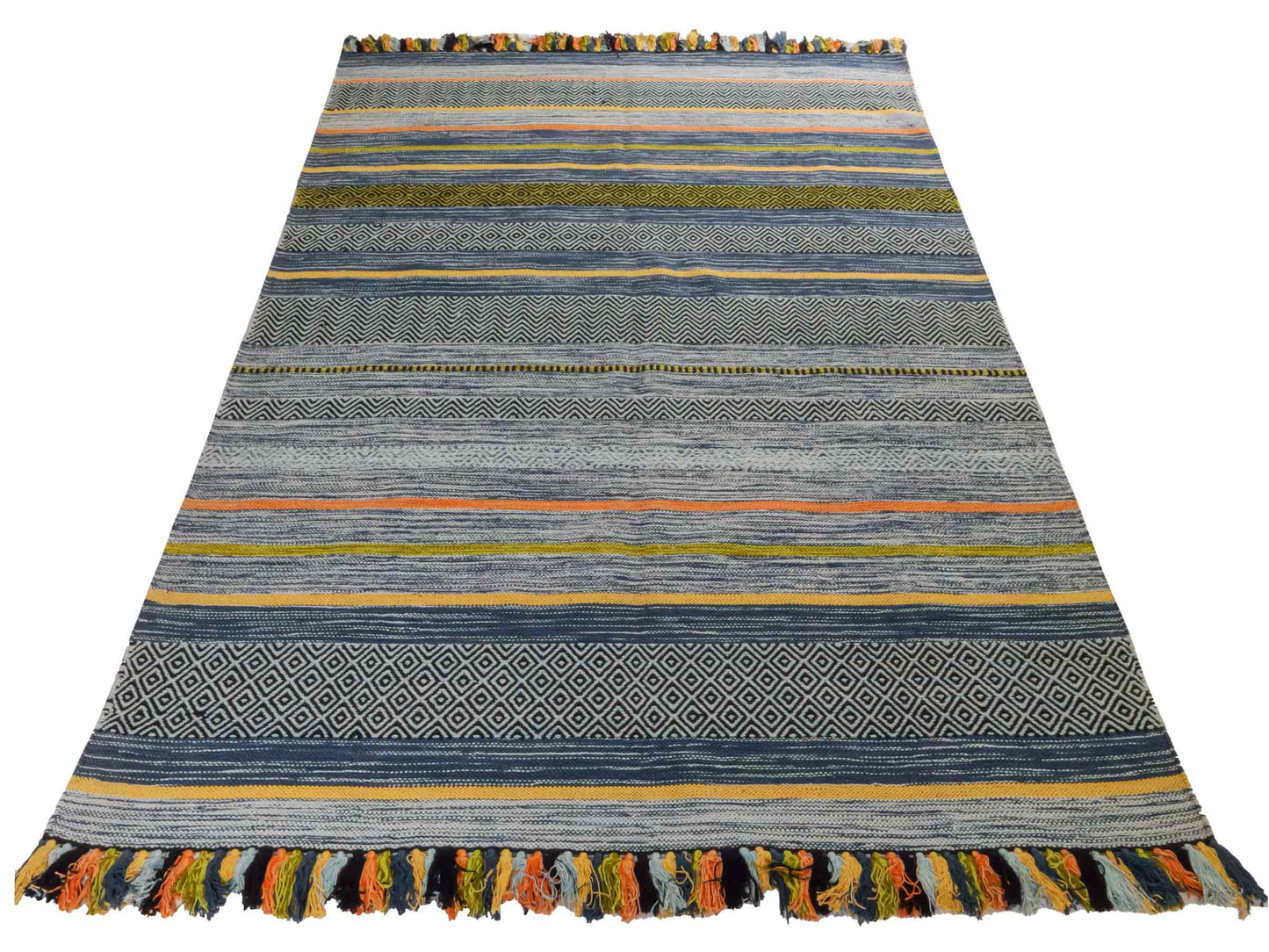 Handgewebter, moderner Indo Kelim Orientteppich von Khademi aus Baumwolle, blau, mehrfarbig. Geometrisches Design. Von Hand gewebt in Indien. Größe: 230x170cm. Teppichnummer: KB4-1681. Verkauf durch Jupiter Intl.