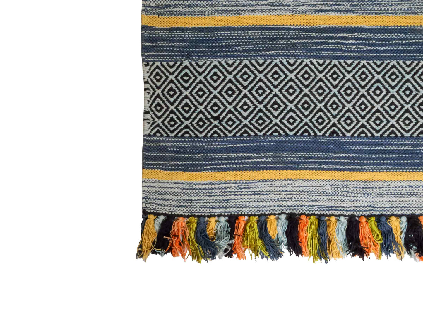 Handgewebter, moderner Indo Kelim Orientteppich von Khademi aus Baumwolle, blau, mehrfarbig. Geometrisches Design. Von Hand gewebt in Indien. Größe: 230x170cm. Teppichnummer: KB4-1681. Verkauf durch Jupiter Intl.