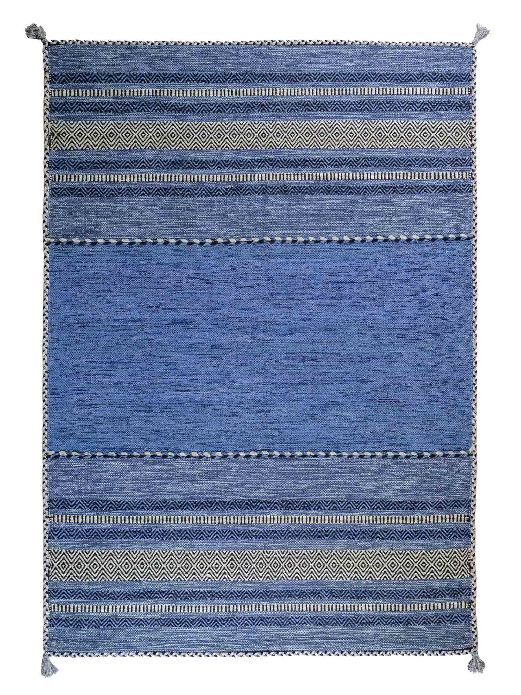 Handgewebter, moderner Indo Kelim Orientteppich von Khademi aus Baumwolle, blau. Geometrisches Design. Von Hand gewebt in Indien. Größe: 230x170cm. Teppichnummer: KB4-1688. Verkauf durch Jupiter Intl.