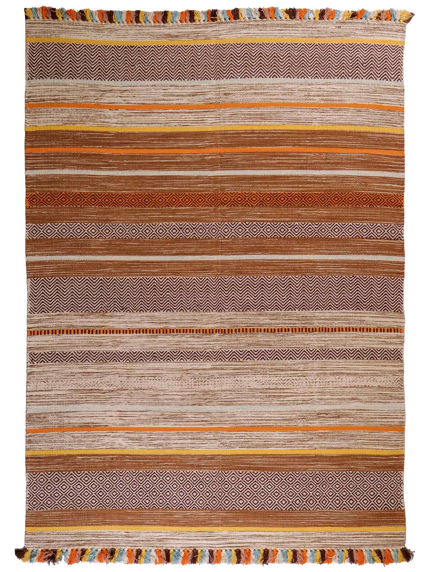 Handgewebter, moderner Indo Kelim Orientteppich von Khademi aus Baumwolle, braun, mehrfarbig. Geometrisches Design. Von Hand gewebt in Indien. Größe: 230x170cm. Teppichnummer: KB4-1685. Verkauf durch Jupiter Intl.