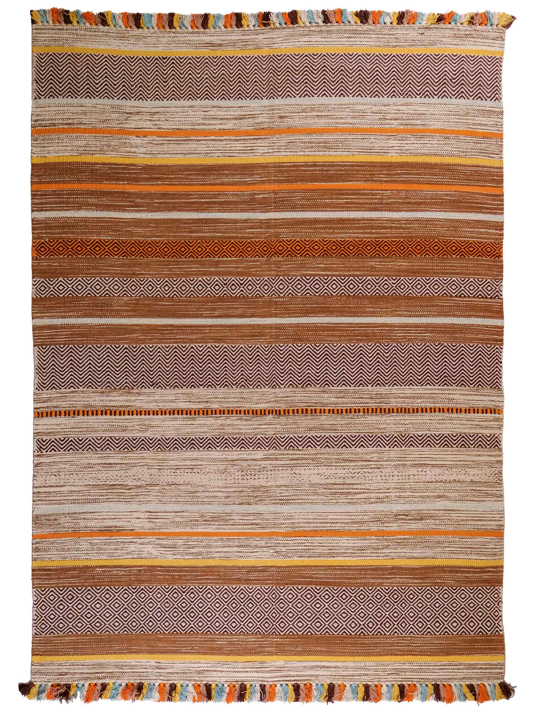 Handgewebter, moderner Indo Kelim Orientteppich von Khademi aus Baumwolle, braun, mehrfarbig. Geometrisches Design. Von Hand gewebt in Indien. Größe: 230x170cm. Teppichnummer: KB4-1685. Verkauf durch Jupiter Intl.