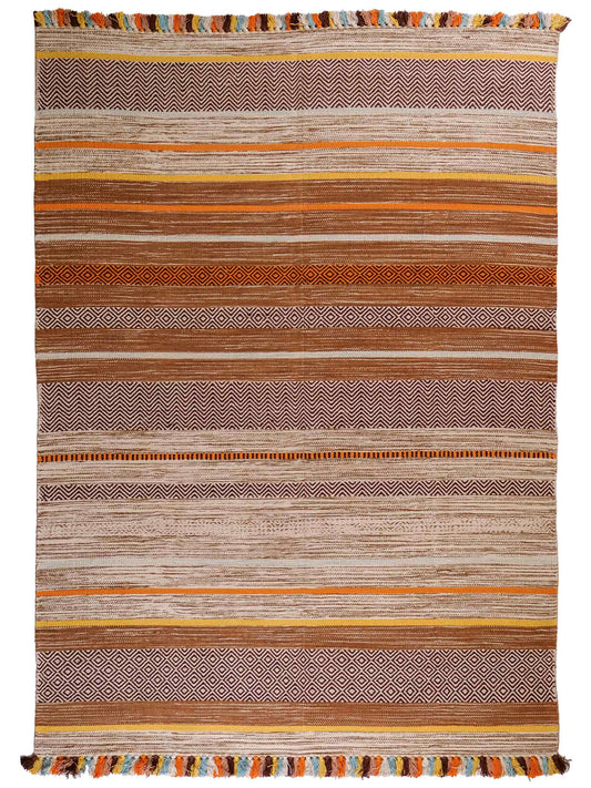 Handgewebter, moderner Indo Kelim Orientteppich von Khademi aus Baumwolle, braun, mehrfarbig. Geometrisches Design. Von Hand gewebt in Indien. Größe: 230x170cm. Teppichnummer: KB4-1685. Verkauf durch Jupiter Intl.