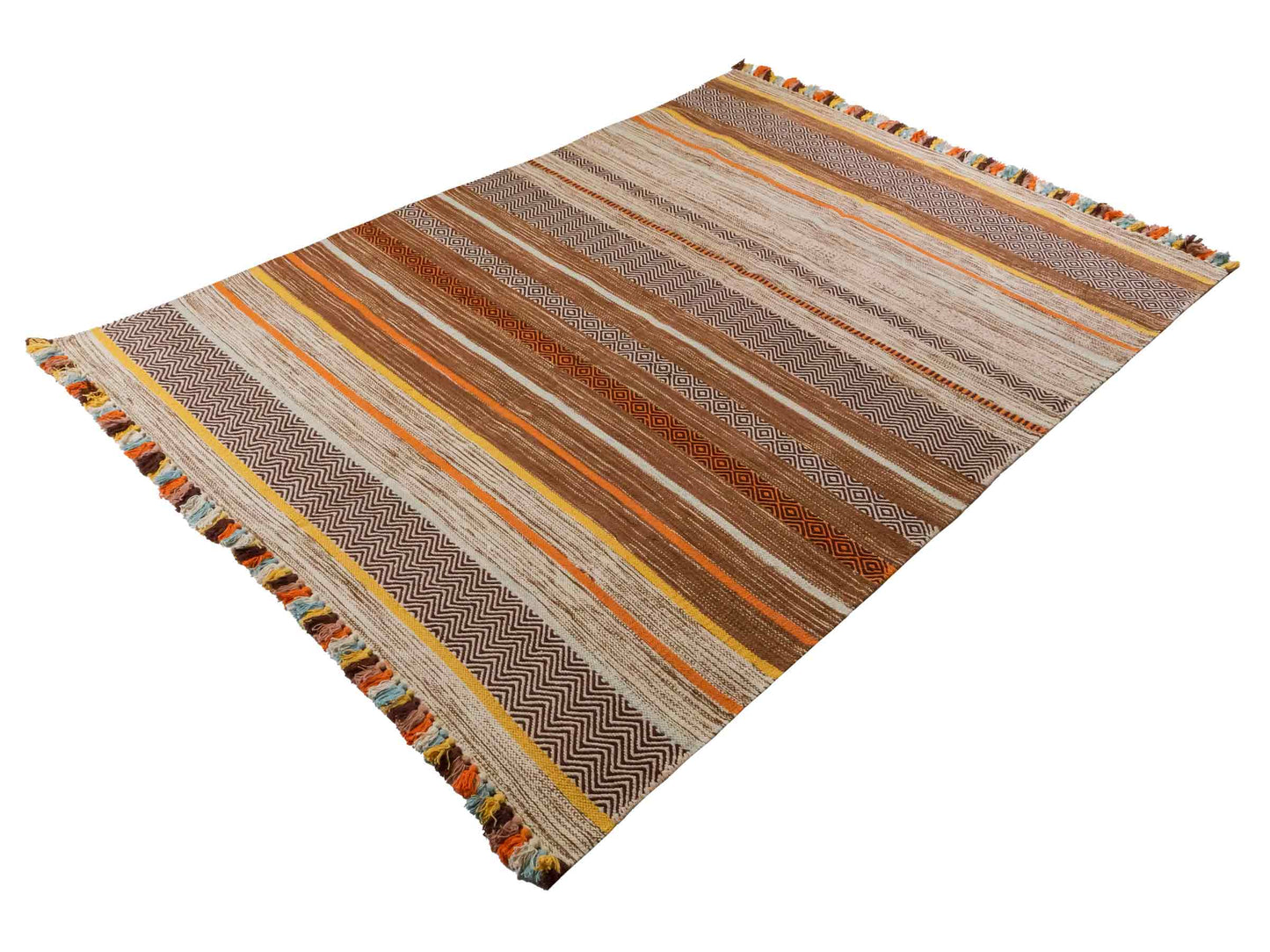 Handgewebter, moderner Indo Kelim Orientteppich von Khademi aus Baumwolle, braun, mehrfarbig. Geometrisches Design. Von Hand gewebt in Indien. Größe: 230x170cm. Teppichnummer: KB4-1685. Verkauf durch Jupiter Intl.