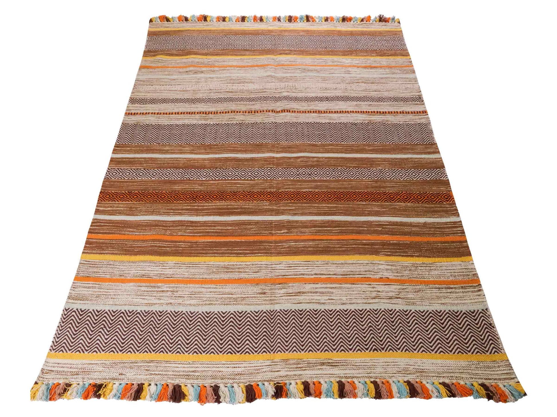 Handgewebter, moderner Indo Kelim Orientteppich von Khademi aus Baumwolle, braun, mehrfarbig. Geometrisches Design. Von Hand gewebt in Indien. Größe: 230x170cm. Teppichnummer: KB4-1685. Verkauf durch Jupiter Intl.