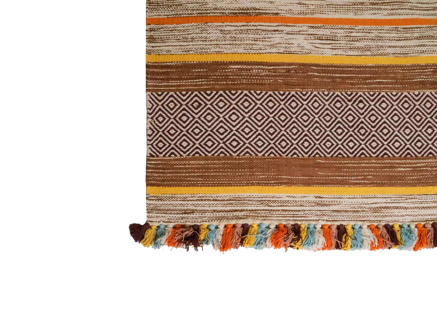 Handgewebter, moderner Indo Kelim Orientteppich von Khademi aus Baumwolle, braun, mehrfarbig. Geometrisches Design. Von Hand gewebt in Indien. Größe: 230x170cm. Teppichnummer: KB4-1685. Verkauf durch Jupiter Intl.