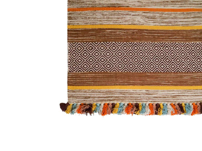 Handgewebter, moderner Indo Kelim Orientteppich von Khademi aus Baumwolle, braun, mehrfarbig. Geometrisches Design. Von Hand gewebt in Indien. Größe: 230x170cm. Teppichnummer: KB4-1685. Verkauf durch Jupiter Intl.