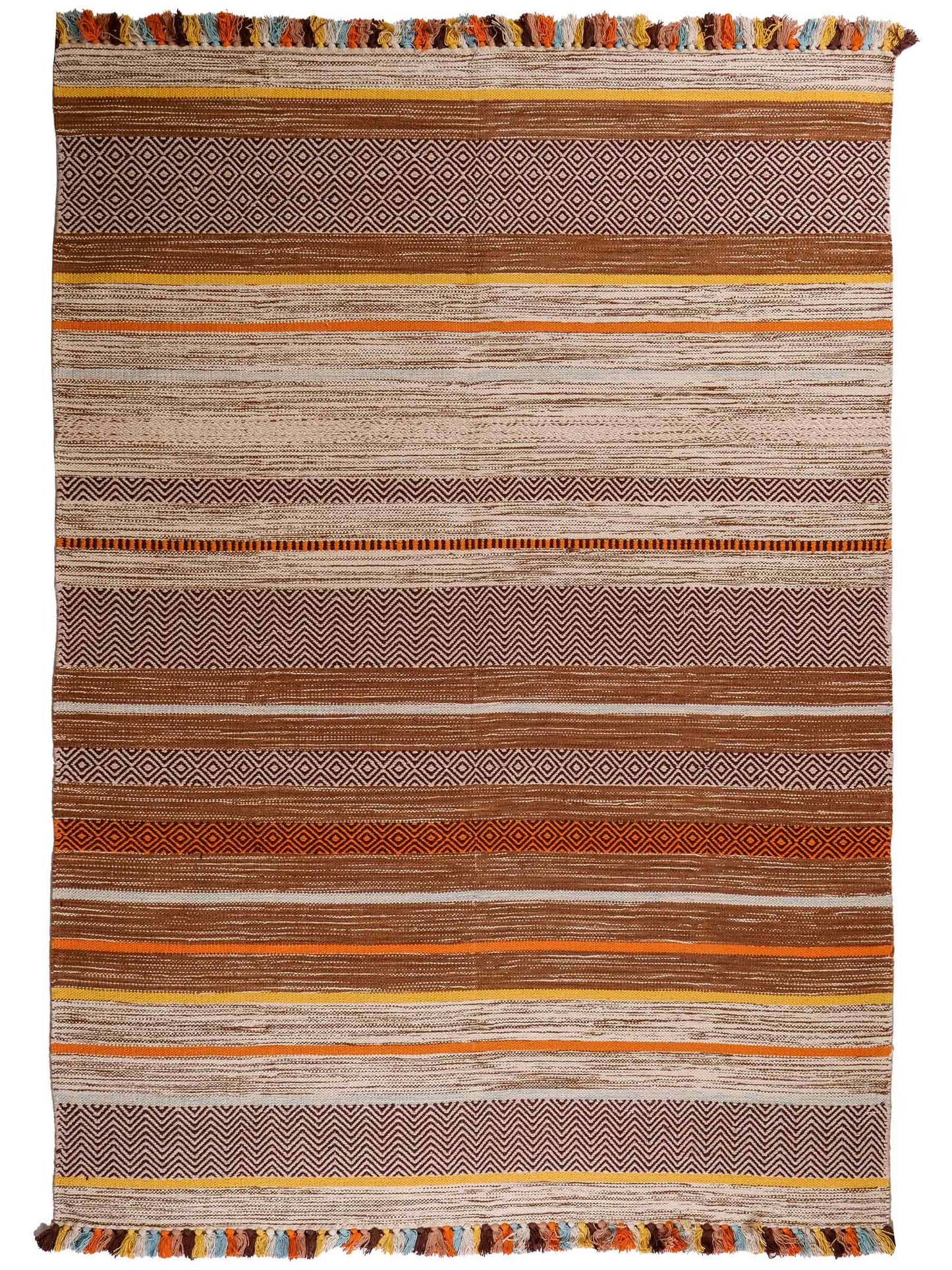 Handgewebter, moderner Indo Kelim Orientteppich von Khademi aus Baumwolle, braun, mehrfarbig. Geometrisches Design. Von Hand gewebt in Indien. Größe: 230x170cm. Teppichnummer: KB4-1686. Verkauf durch Jupiter Intl.