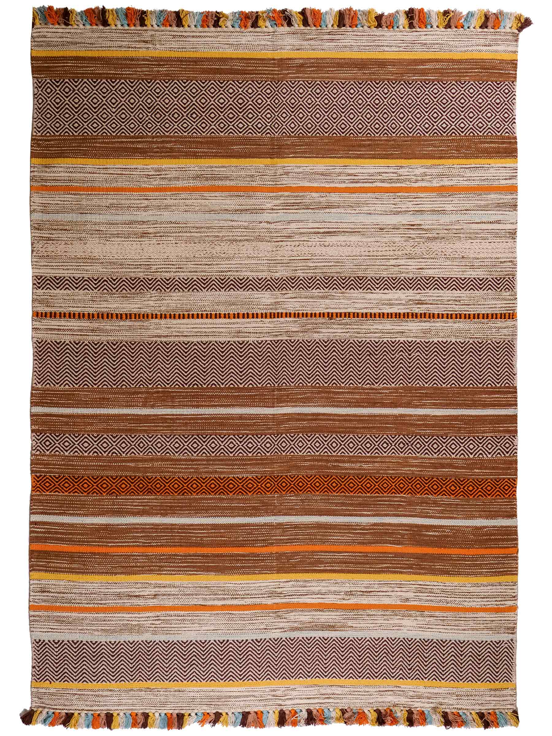 Handgewebter, moderner Indo Kelim Orientteppich von Khademi aus Baumwolle, braun, mehrfarbig. Geometrisches Design. Von Hand gewebt in Indien. Größe: 230x170cm. Teppichnummer: KB4-1686. Verkauf durch Jupiter Intl.