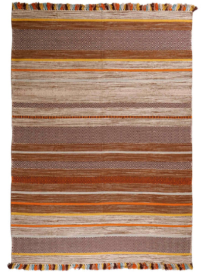 Handgewebter, moderner Indo Kelim Orientteppich von Khademi aus Baumwolle, braun, mehrfarbig. Geometrisches Design. Von Hand gewebt in Indien. Größe: 230x170cm. Teppichnummer: KB4-1686. Verkauf durch Jupiter Intl.