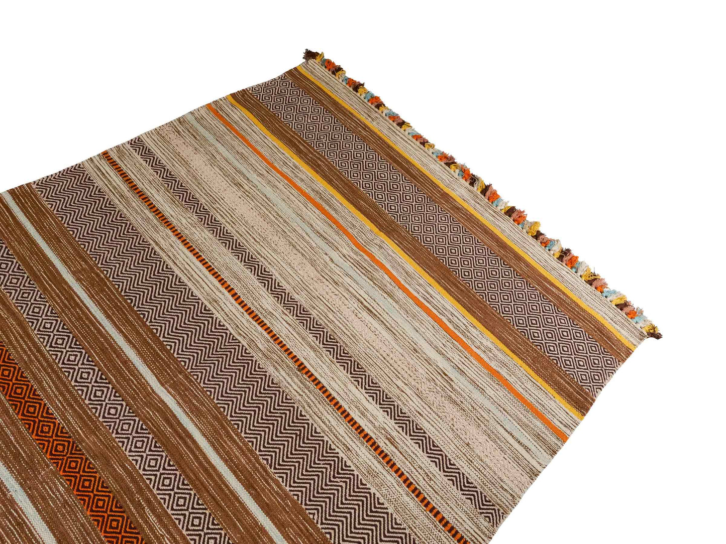 Handgewebter, moderner Indo Kelim Orientteppich von Khademi aus Baumwolle, braun, mehrfarbig. Geometrisches Design. Von Hand gewebt in Indien. Größe: 230x170cm. Teppichnummer: KB4-1686. Verkauf durch Jupiter Intl.